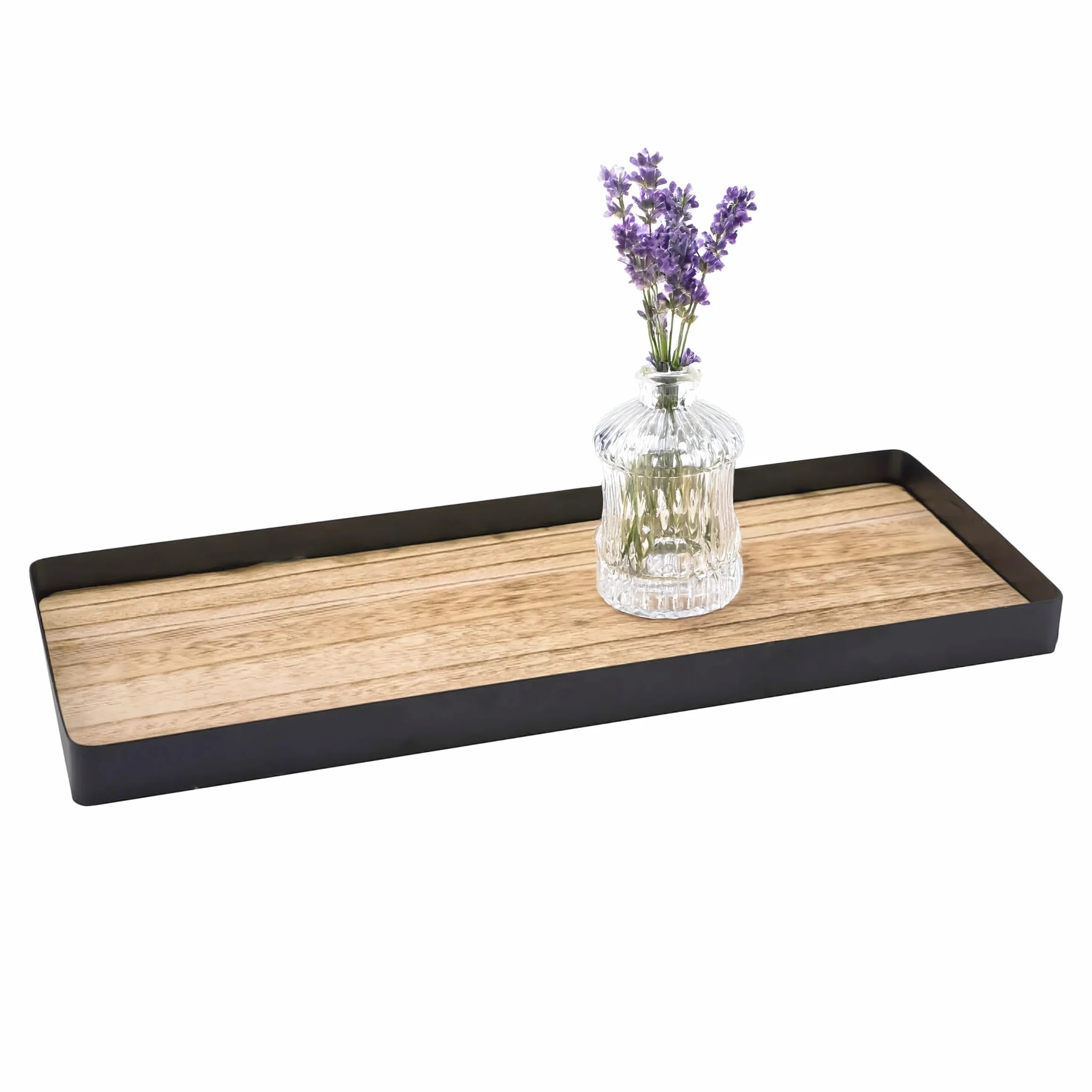 Vassoio per candela, con telaio in metallo e base in legno, 45 cm x 18 cm, colore nero, naturale, rettangolare, con bordo, vassoio da portata per candele, Natale, Avvento, vassoio regalo