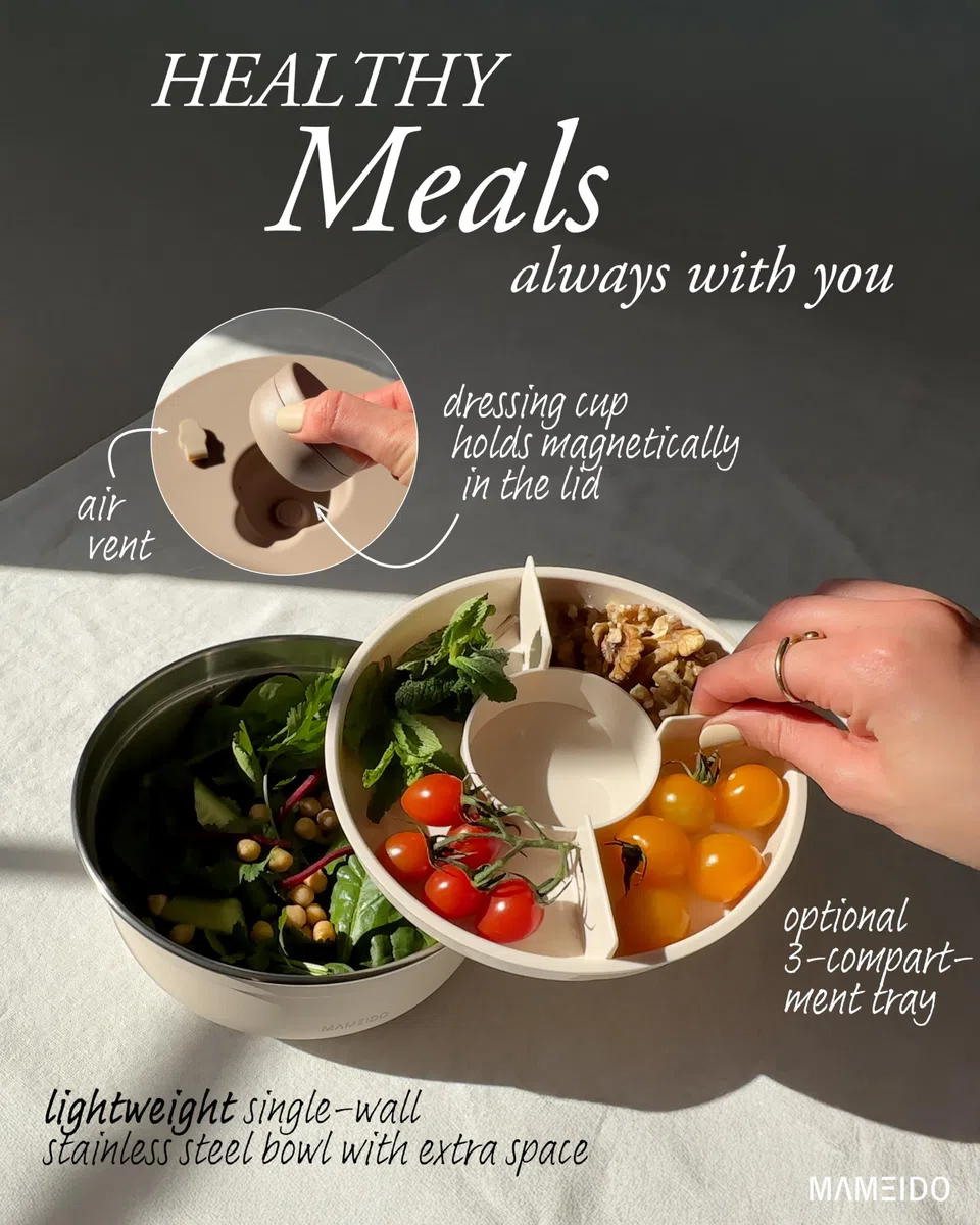MAMEIDO Insalatiera per il viaggio 1,5 l, Lunchbox in acciaio inox, Bento Box senza BPA Porta Pranzo con scomparti e contenitore per condimenti a prova di perdite Meal Prep (Blush Kissed)
