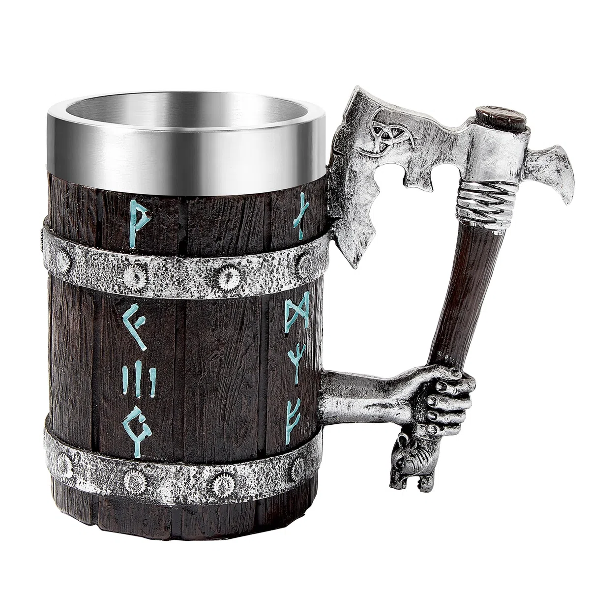 OTARTUDE Tazza vichinga con manico a ascia, boccale da birra in legno di rovere nordico, vichingo nordico in acciaio inox, 550 ml, regalo vichingo per uomo, festa del papà