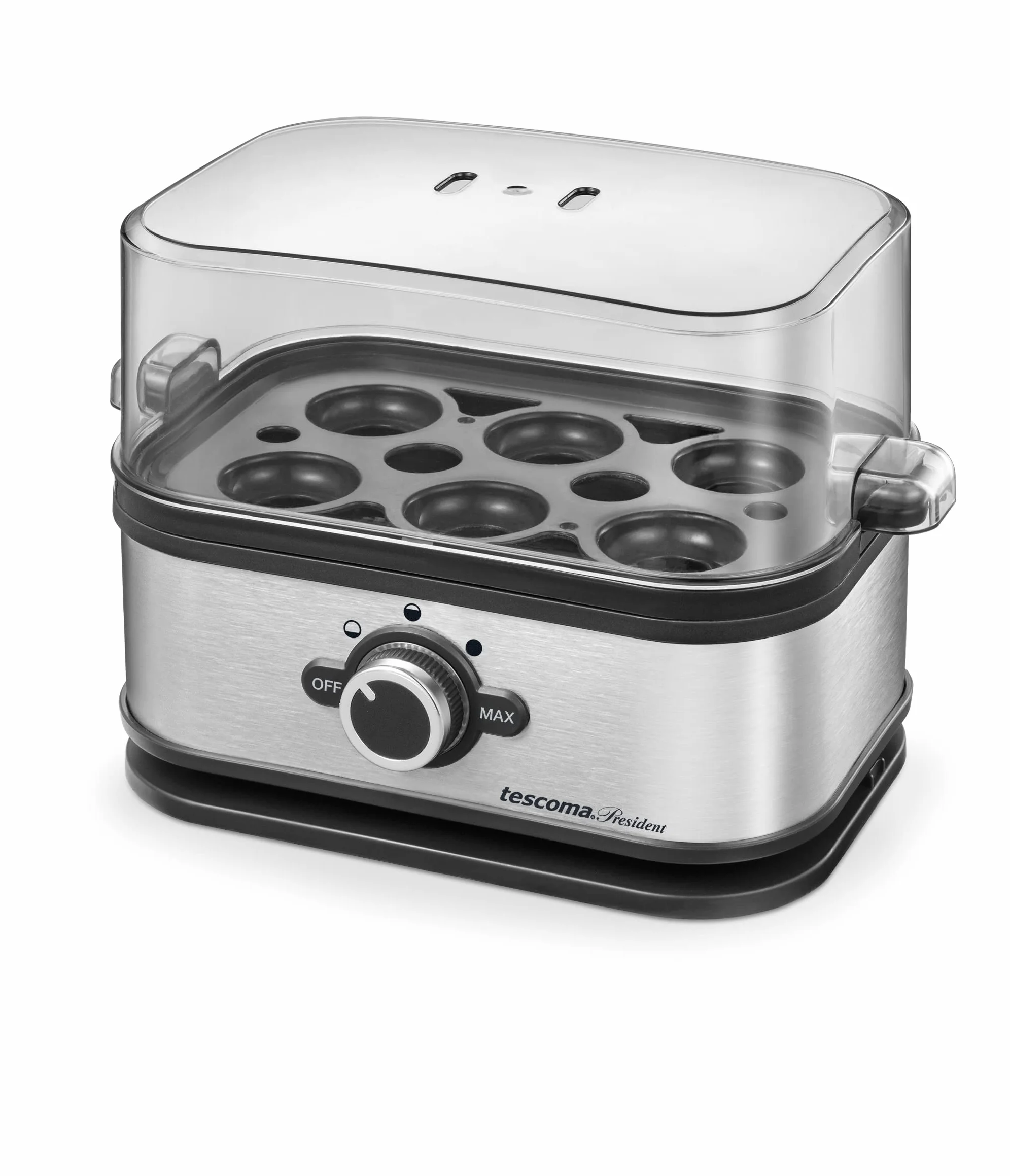 Tescoma 909100 Cuociuova elettrico per 6 uova, 3 programmi di cottura, acciaio inossidabile, linea President
