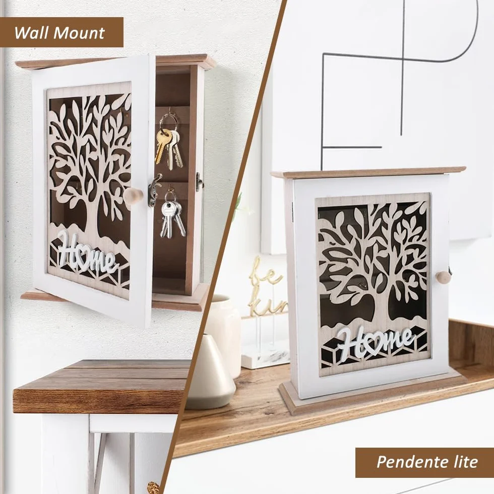 Cassetta portachiavi in legno, vintage, con 6 ganci per chiavi, design retrò, per chiavi, gioielli, piccoli oggetti, 22 x 7 x 28,5 cm, bianco