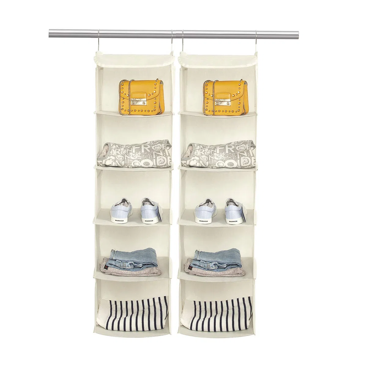 BrilliantJo Set di 2 Organizer Armadio, Portattuto da Appendere con 5 Scomparti con 6 Tasche Laterali a Rete per Vestiti, con 2 Ganci Organizzatore Armadio da 30 x 30 x 108 cm, Beige