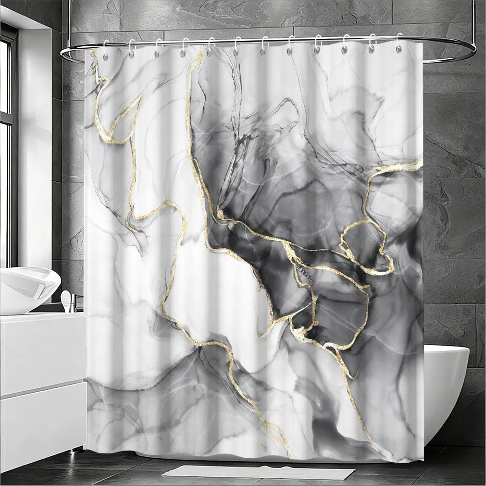 Tenda Doccia Antimuffa, Tenda da Doccia 180x200cm Grigio Effetto Marmo Nero Astratta Moderna Tende da Bagno Impermeabile Tessuto Lavabile Poliestere Tende per Vasca da Bagno con 12 Anelli