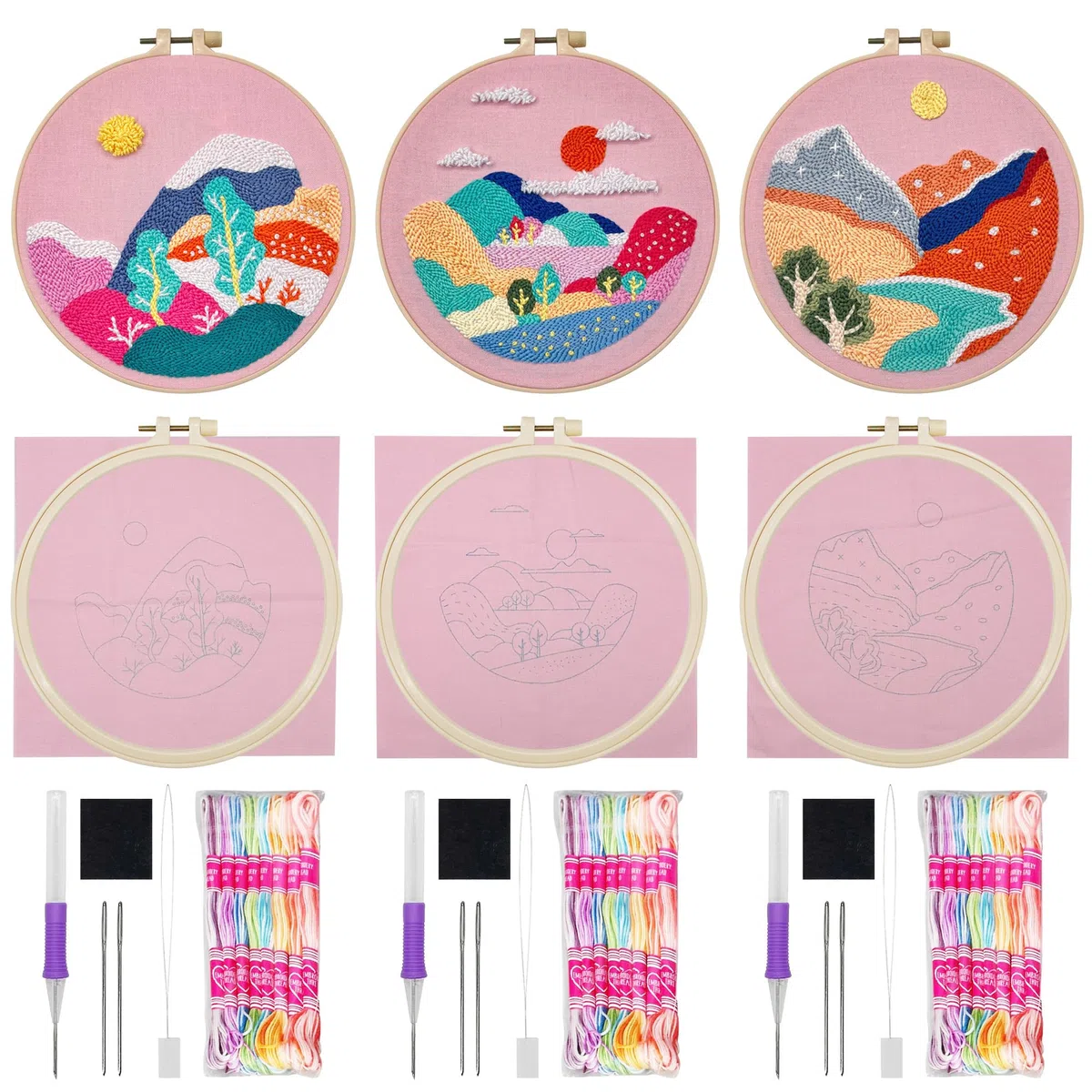 Allazone Punch Needle Kit Ricamo Starter Kit, 3 Pz Kit Completo per Ricamo con Motivo e Lstruzioni, Set da Ricamo per Principianti e Adulti (Tramonto e Montagne)
