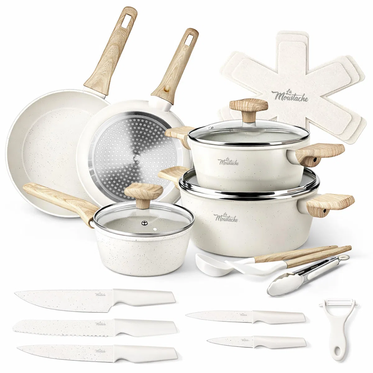 La Moustache - Batteria di Pentole Antiaderente 14 Pezzi con Accessori, Casseruole, Padelle, Coperchi in Vetro e Utensili + Set di 5 Coltelli in Acciaio Inox con Pelapatate, Effetto Marmo (Latte)