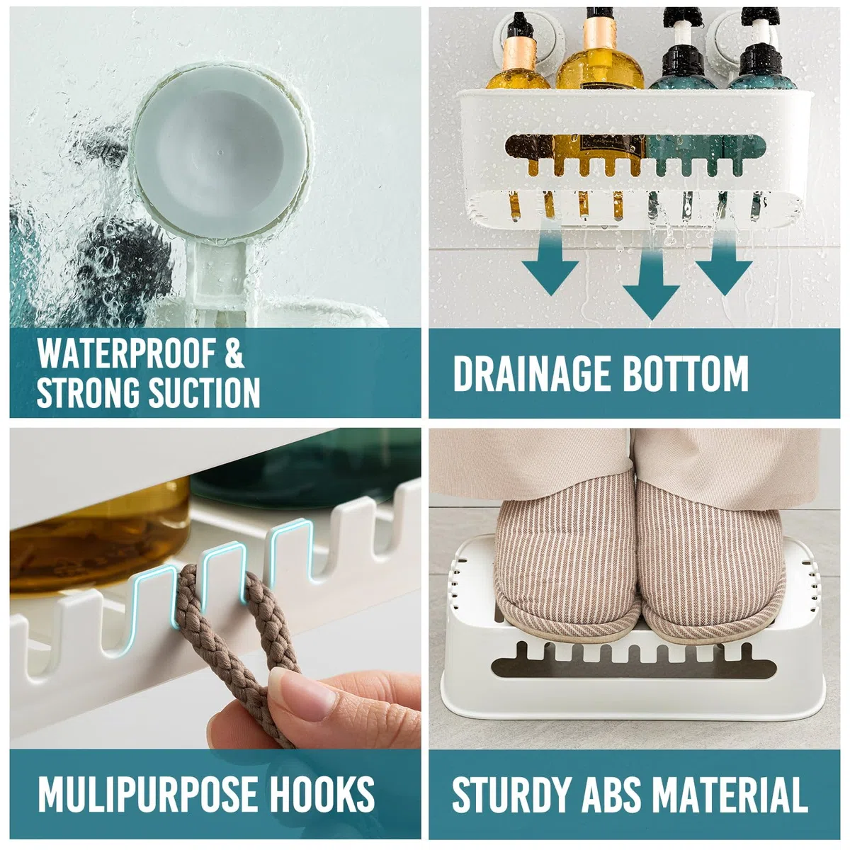 TAILI Contenitore per doccia con ventosa, organizer per doccia, mensola rimovibile da bagno, con ventosa potente, tenuta massima di 10 kg, supporto impermeabile, bianco
