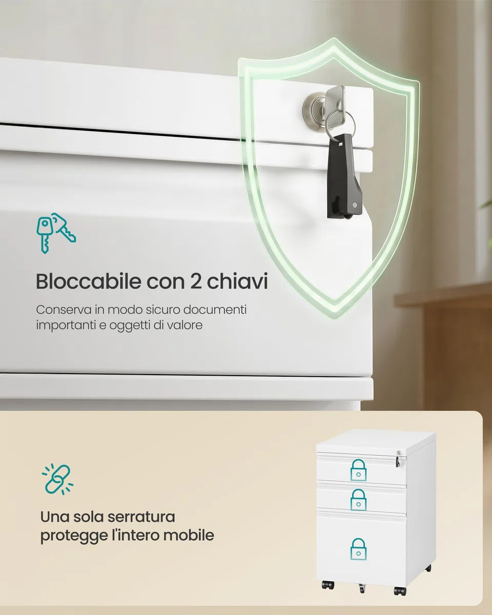 SONGMICS Mobile per Documenti a 3 Cassetti, Cassettiera da Ufficio in Metallo, Acciaio, 3 Cassetti con Serratura, Supporto con Ruote per Stampante, 39 x 50 x 62 cm, Bianco Opaco OFC033W101