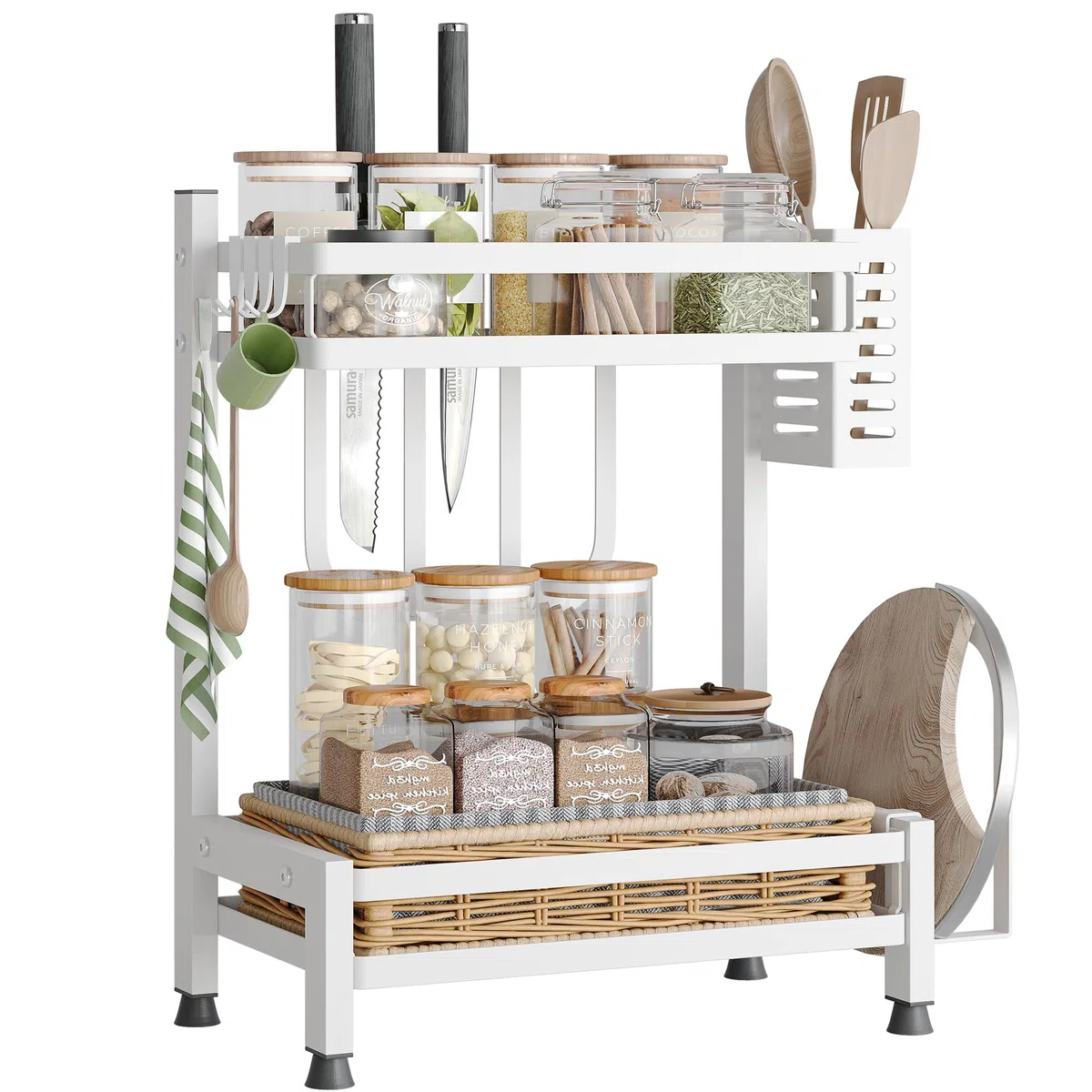 NETEL Supporto Porta Spezie da Appoggio a 2 Livelli, Antiruggine Mensola Portaspezie Ripiani Salvaspazio Organizer per Cucina con Ganci, 32.5 * 20 * 40cm, Bianco