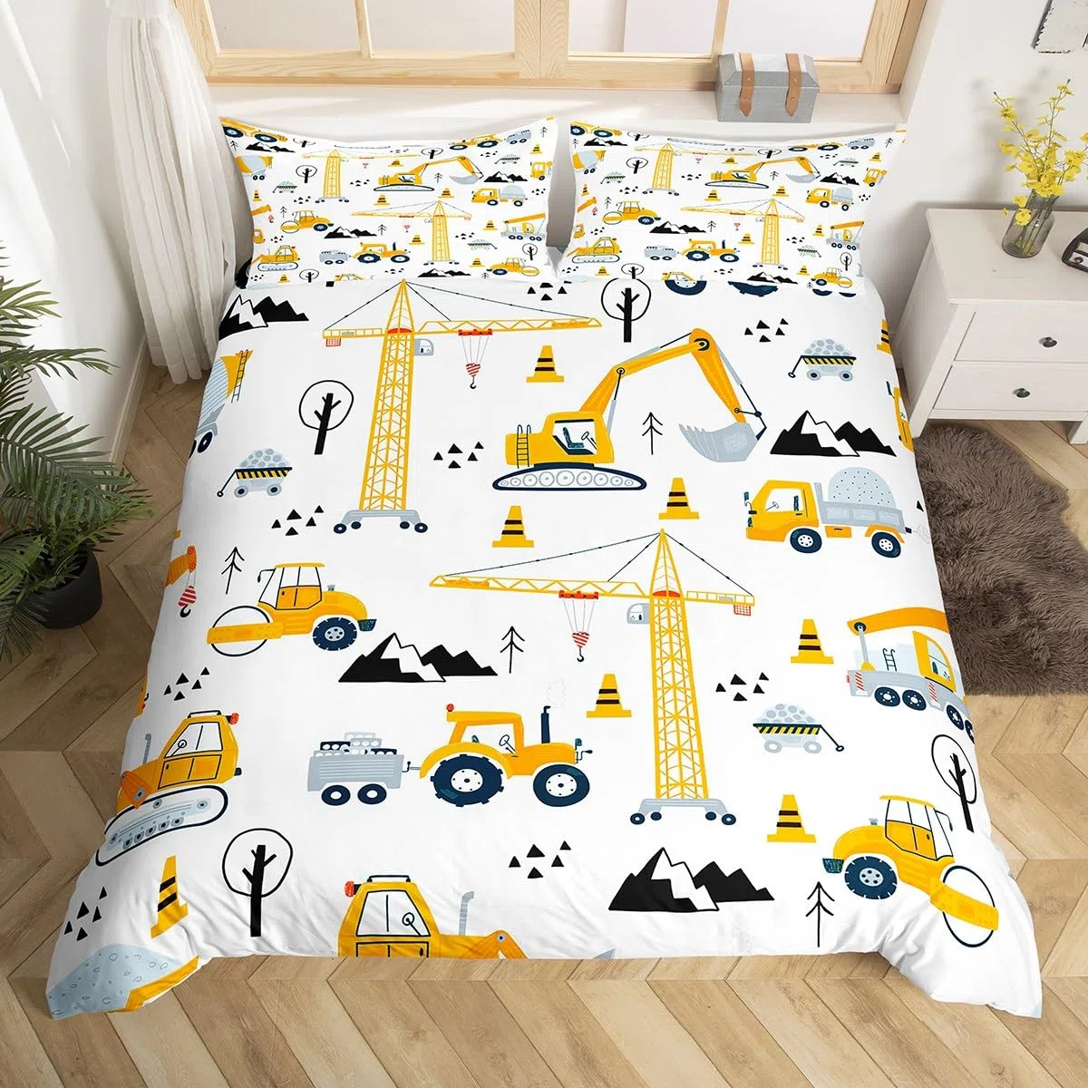 Homemissing Set di biancheria da letto con trattore giallo e escavatore, set di biancheria da letto in microfibra, 2 pezzi, per letto singolo