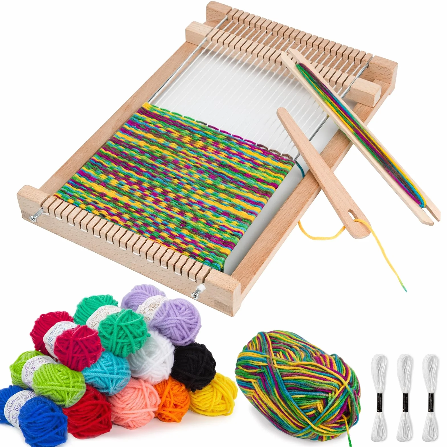 LYKTRIX Telaio Per Bambino,Telaio di Legno per la Tessitura, Fornito di Fili, Pettine, Navetta e Lana Filata per Principianti e Bambini - Dimensioni 29 x 19 cm