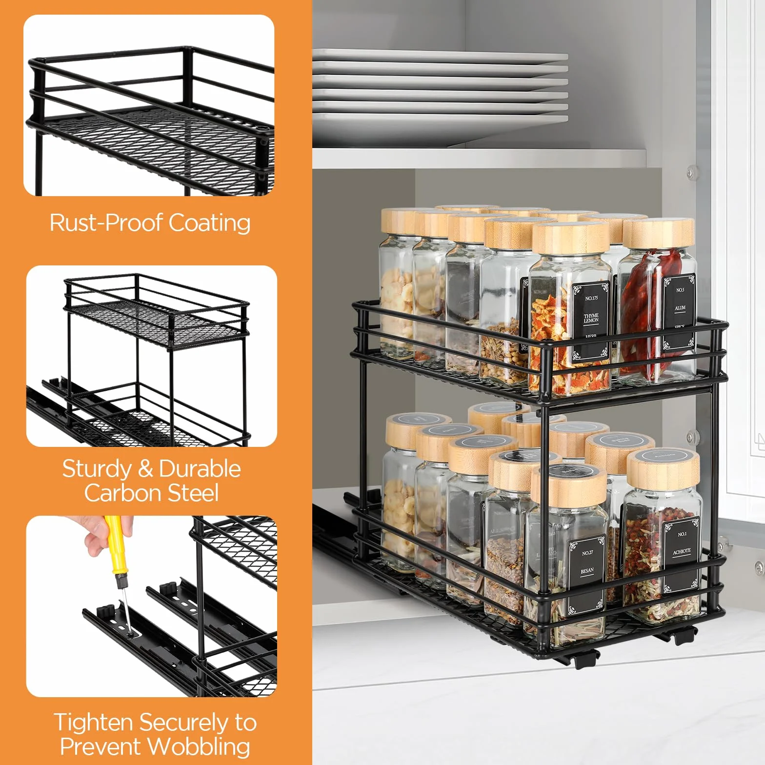 VINATO Portaspezie Scorrevole a 2 Livelli – Organizzatore Cucina Salvaspazio con Guide, Portaoggetti per Dispensa (26x15x21,8 cm)