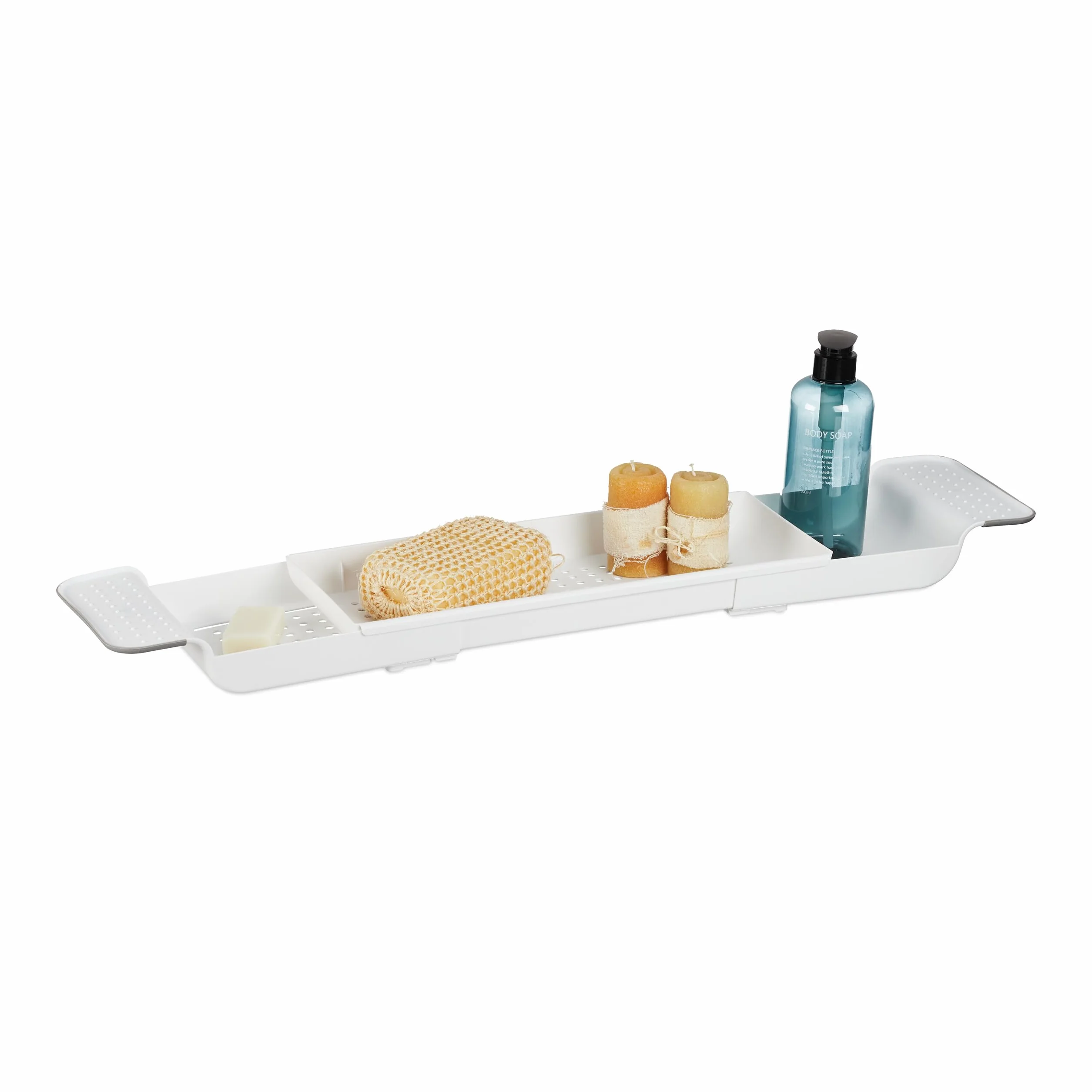 Relaxdays Vassoio per la Vasca da Bagno, Allungabile 55,5-78 cm, Plastica, Ripiano Fori per Drenaggio dell'Acqua, Bianco
