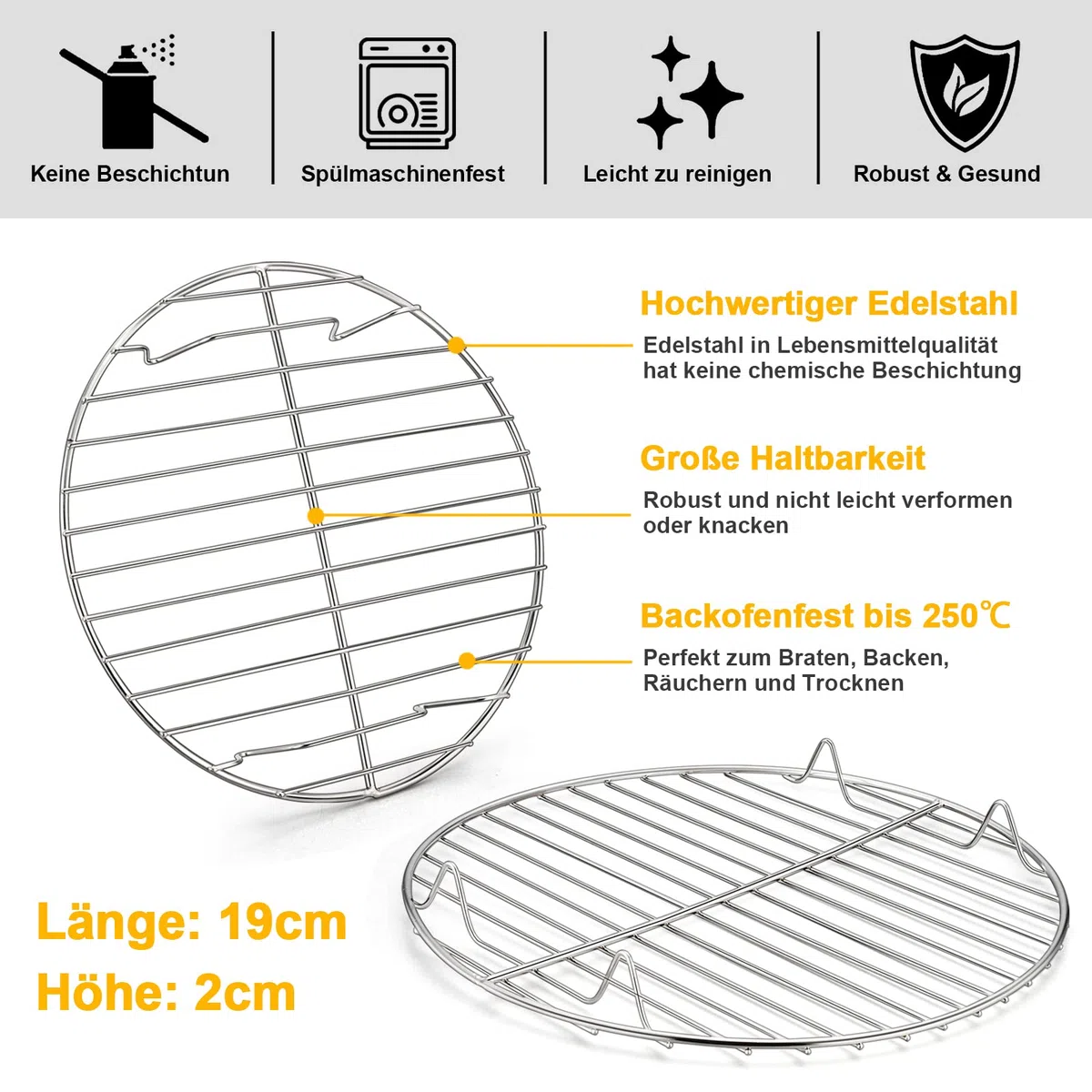 HaWare Griglia di raffreddamento rotonda, set da 2 pezzi, 100% acciaio inox, griglia di raffreddamento per cottura a vapore, ideale per pentole/forno, teglia per torte, forno e lavastoviglie (19 cm)