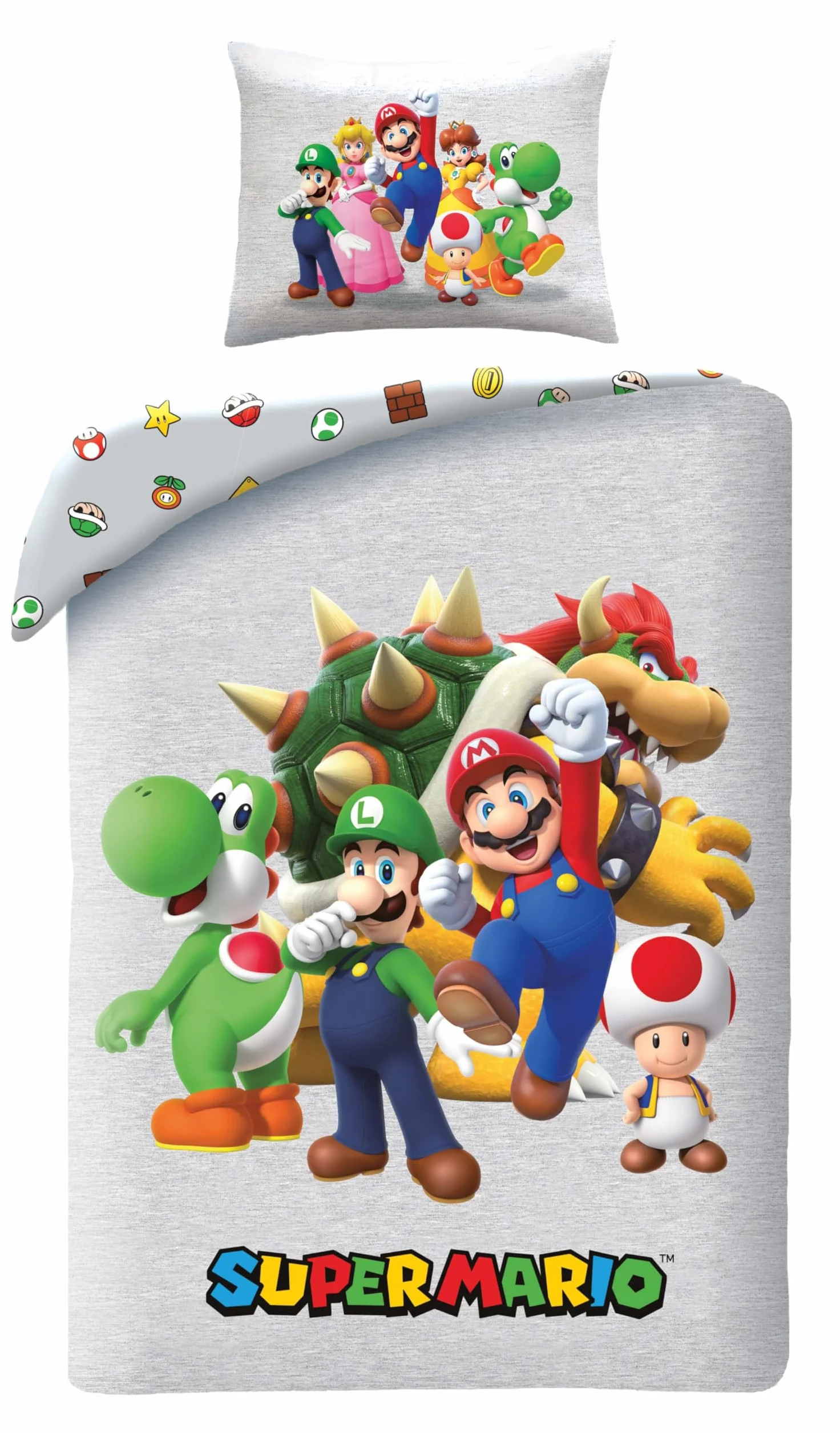 Set di Biancheria da Letto Super Mario 135 x 200 cm + 80 x 80 cm · Con Mario, Luigi, Toad, Peach, Wario e Yoshi · Set di Biancheria da Letto per Bambini, Singolo, 2 Pezzi, Copripiumino + Federa