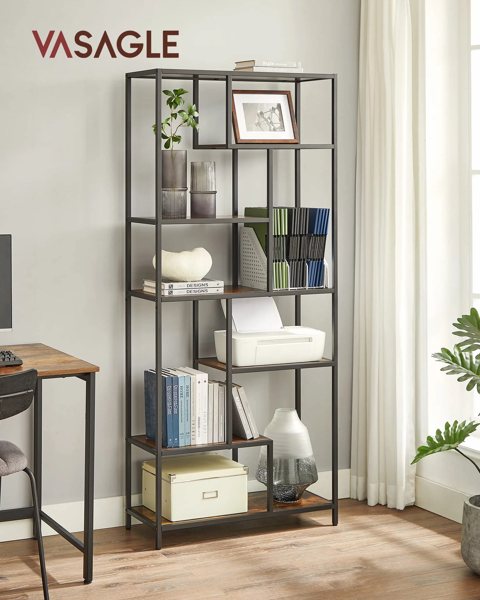 VASAGLE Libreria Scaffale, Libreria Verticale a 6 Ripiani, Porta Piante, 30 x 80 x 180 cm, Pannello di Truciolato, Studio Soggiorno Camera da Letto Cucina, Marrone Vintage e Nero LLS119B01