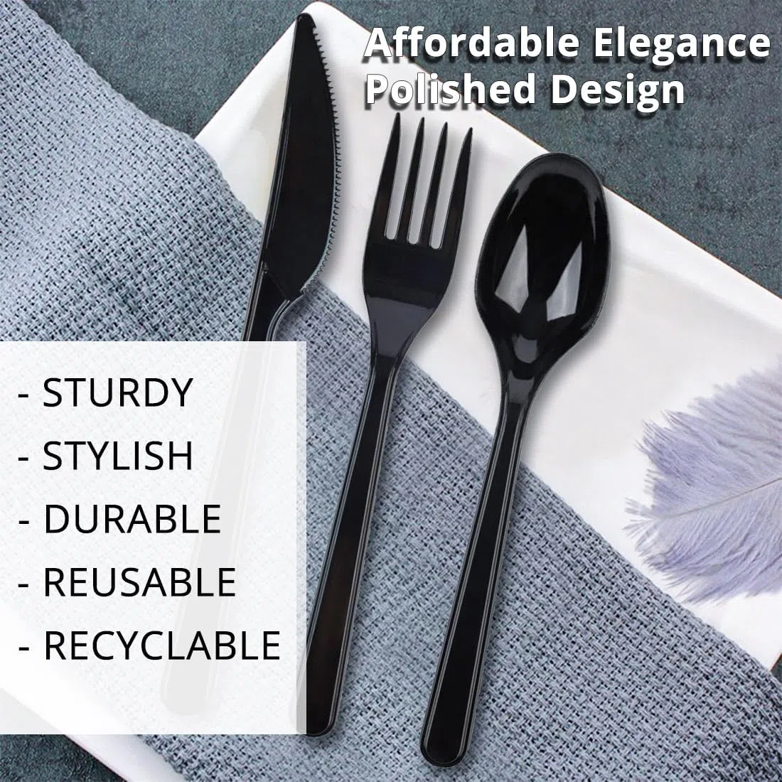 Set di posate di lusso da 150 pezzi, 5 g, riutilizzabili, lavabili in lavastoviglie, 50 forchette, 50 coltelli, 50 cucchiai, colore nero/bianco/trasparente (nero)
