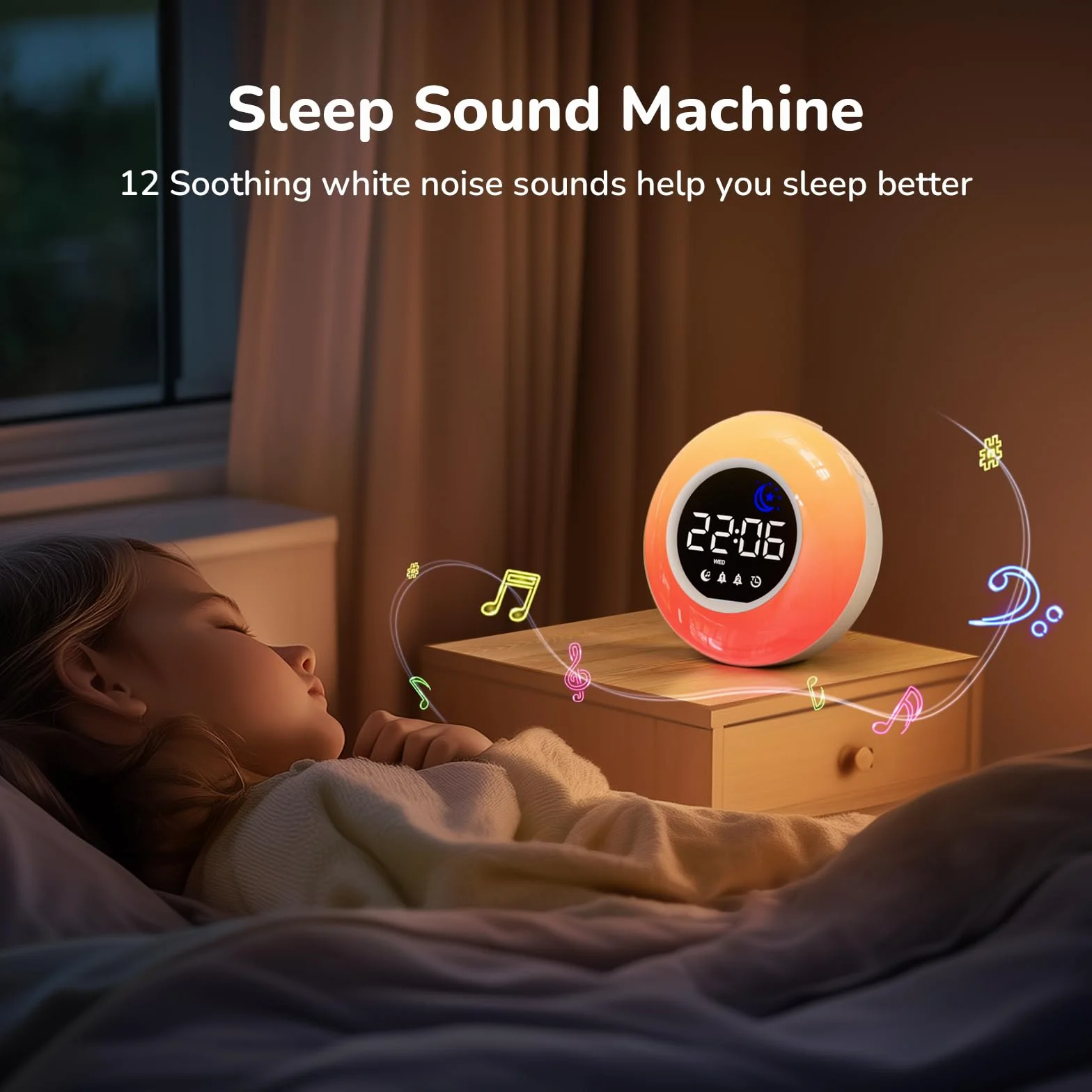 Sveglia Digitale da Comodino per Bambini con Luce Notturna a 10 Colori, Modalità Giorno e Notte, 12 Melodie, Doppia Sveglia, Timer, Luminosità e Volume Regolabili, Alimentazione a Rete
