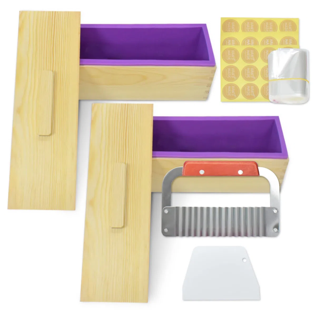 Artcome Stampi per sapone da, 2 set di stampi rettangolari in silicone con coperchio, forniture per sapone fai da te con raschietto ondulato in acciaio inossidabile e taglierina dritta in plastica