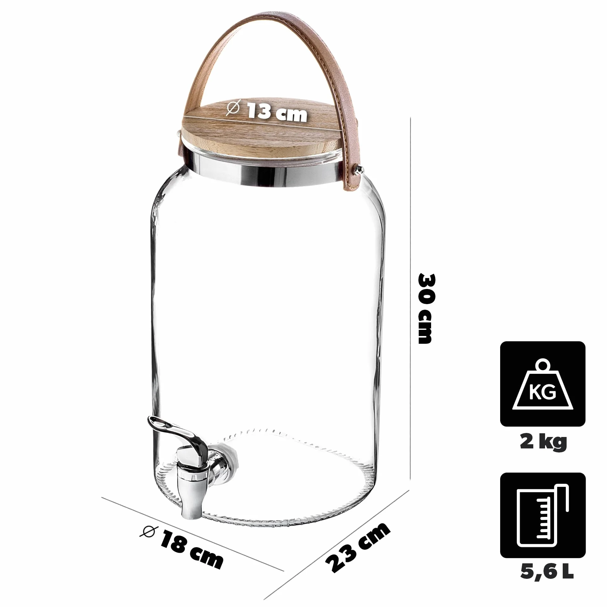 KADAX Dispenser per bevande da 5,6 litri, distributore di limonata con rubinetto e coperchio, grande erogatore di acqua in vetro, dispenser di succo, contenitore per bevande, contenitore in vetro