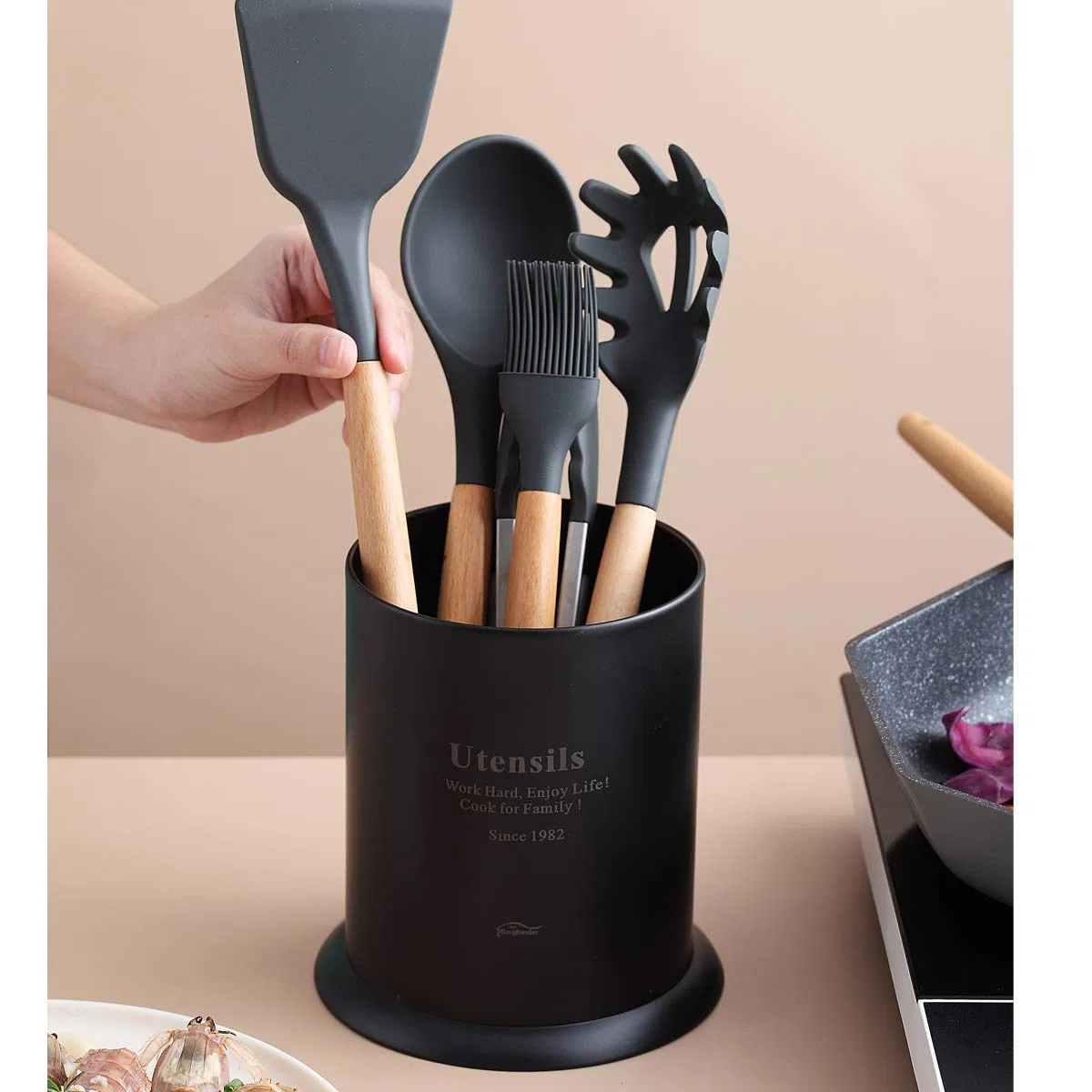 Berglander Portautensili da Cucina in Acciaio Inossidabile per Piano di Lavoro (Nero Opaco)
