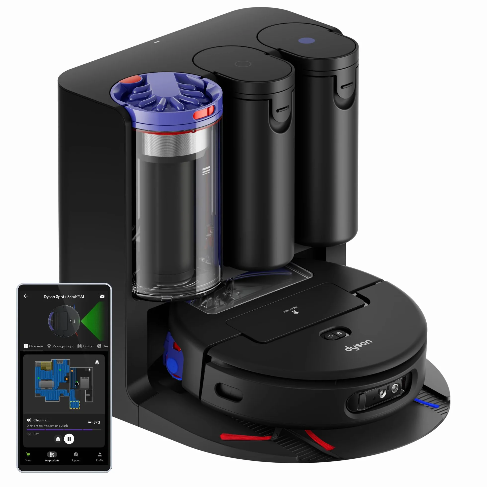 Dyson Spot+Scrub™ AI Robot aspirapolvere e lavapavimenti, 18.000 Pa, 200 min autonomia, auto‑svuotamento, base 3 L, rullo autopulente e filtrazione igienica 0,1 micron (Nero/Blu)