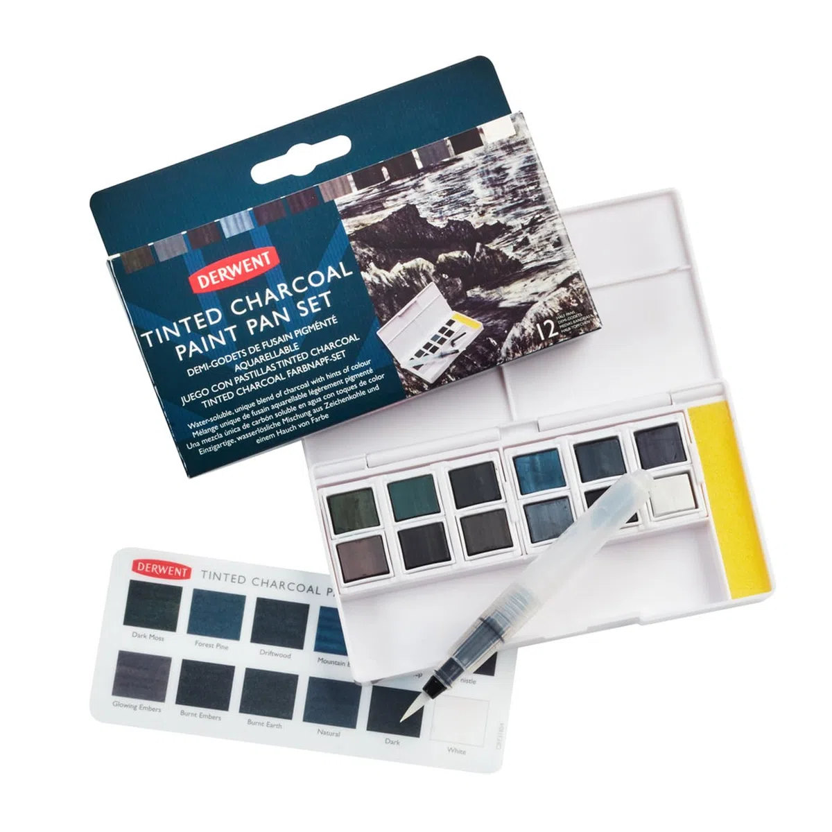 Derwent Tinted Charcoal Set di 12 Colori a Carboncino Acquarellabili e Sfumabili, Include 1 x Astuccio Portatile, 5 x Tavolozze, 1 x Mini Waterbrush ed 1 x Spugna per la Pulizia