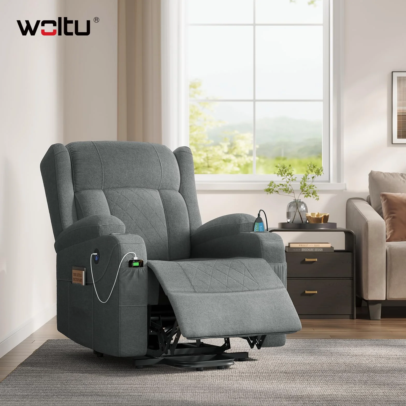 WOLTU Poltrona Elettrica Reclinabile, Sedia Massaggiante con Alzapersone, Riscaldamento, Poggiapiedi, Tasche Laterali, Porta USB, Portabicchieri, per Soggiorno, Tessuto Spugna, Grigio, SKS61gr