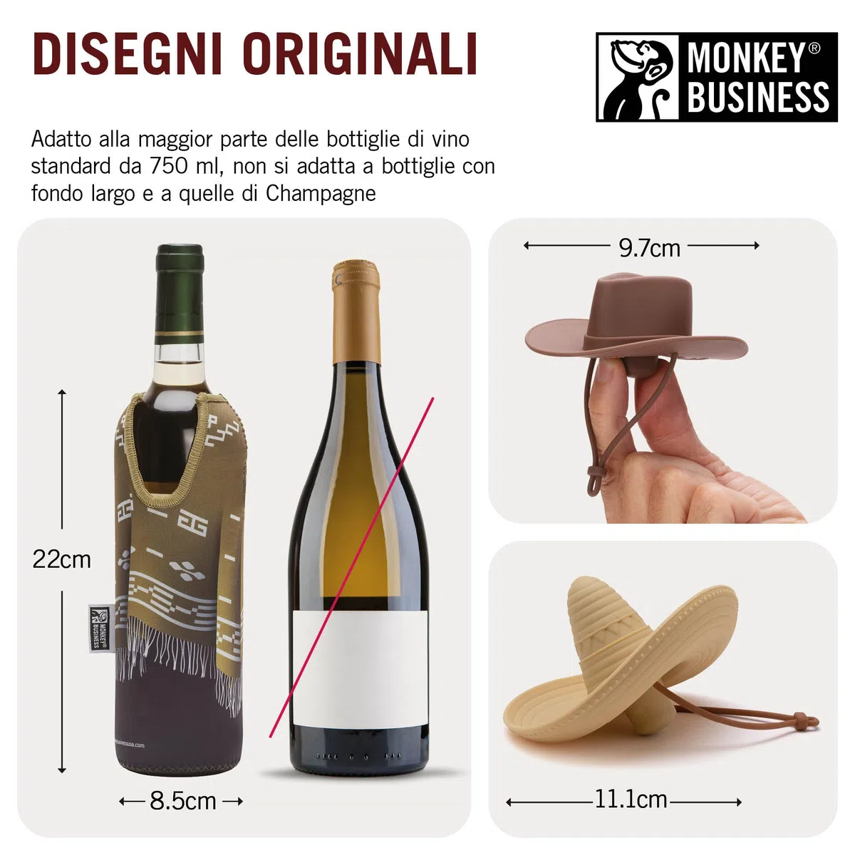 Monkey Business Gift Set per Amanti del Vino – 2 Tappi in Silicone + 2 Poncho in Neoprene per Bottiglie 750 ml – Isolamento per Bottiglia Aperta + Tema Wild West