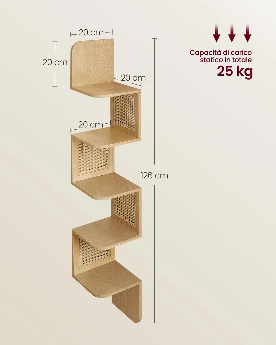VASAGLE Libreria Angolare, Mensola Angolare da Muro a 5 Ripiani, Portante di 25 kg, Lati in Rattan PVC, Scaffale Compatto, Cucina Camera da Letto Soggiorno, Stile Boho, Beige Rovere LLS582Y57