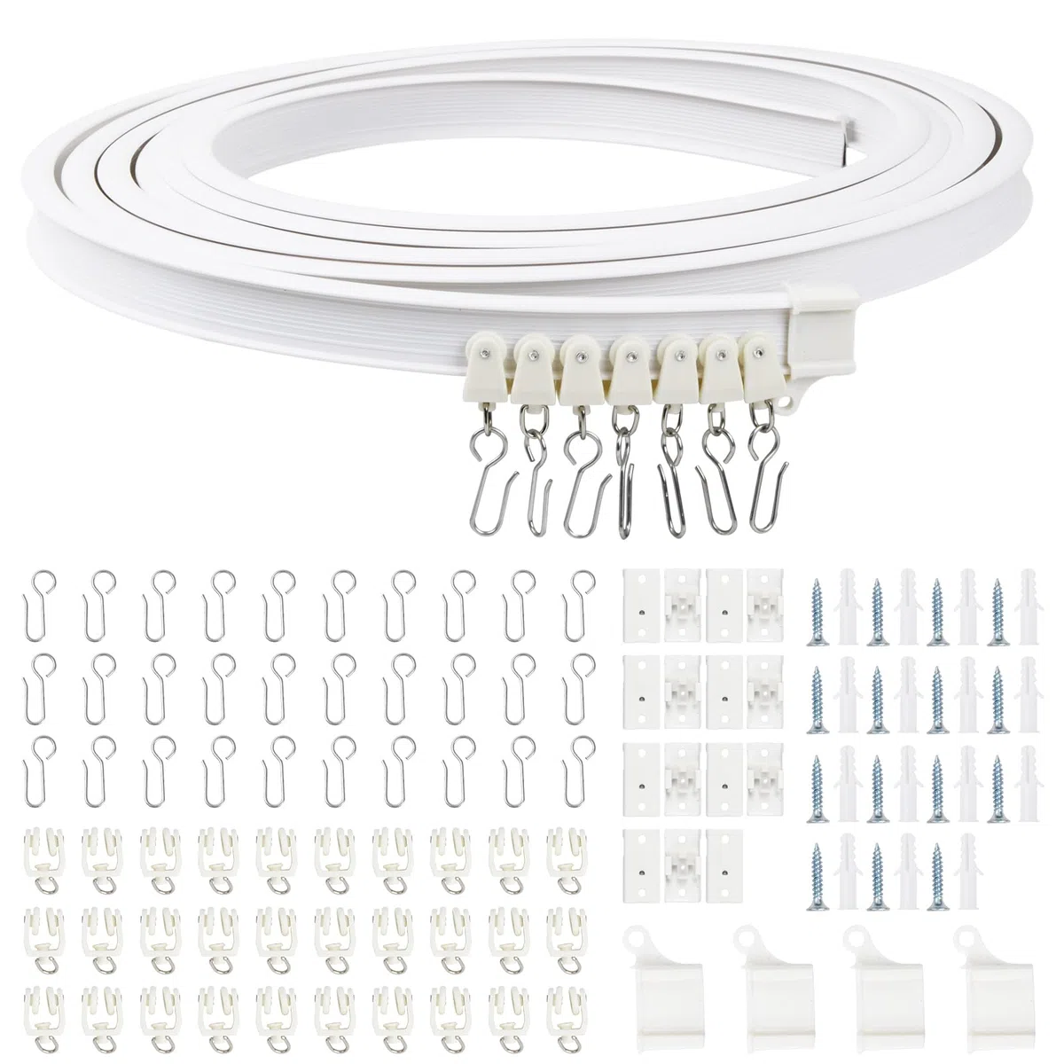 5 m Binario Curvo Tende a Soffitto, 110 Pcs Sistema di Binario Flessibile e Montaggio Accessori, Kit di Binari per Parete Finestre Stanze Divisore Tenda Doccia, Bianco (B)