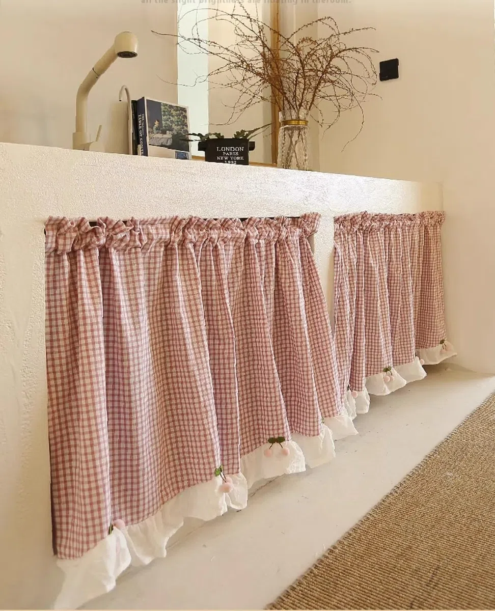 Tenda per Cucina Cafe Mezza Piccola Stile Country - Tendine della Finestra a Vetro Decorazione Corta Bistrot - Tessuto in Cotone Lino - Rosa 135x70cm