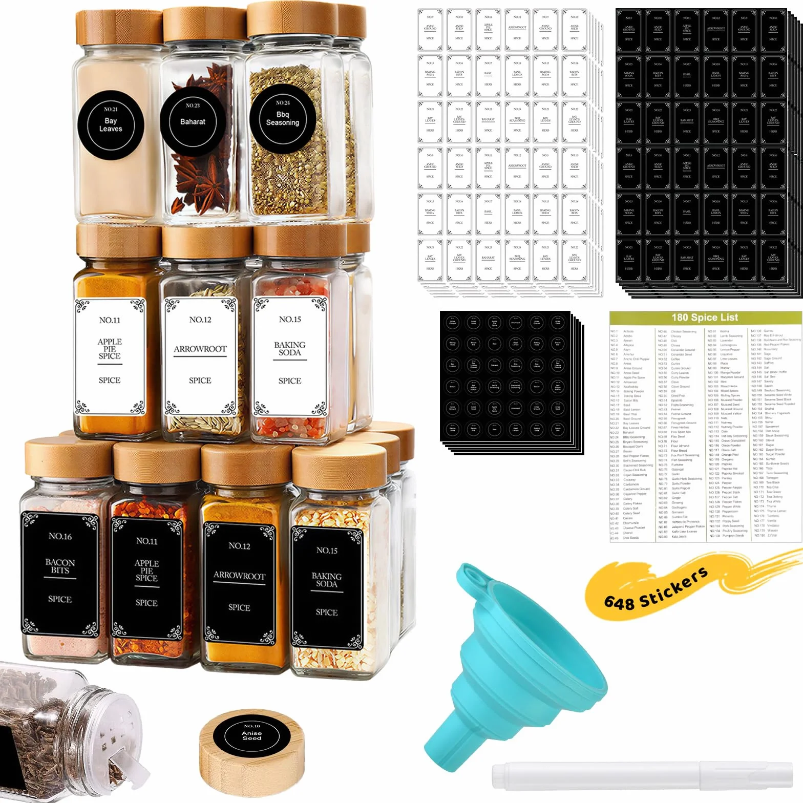 24 Pezzi Barattoli Spezie in Vetro 120 ml con il Coperchi Bambù, 648 Etichette, Penna e imbuto, Barattoli Porta Spice, Erbe e Contenitori Ermetici per Spezie, Per il Campeggio