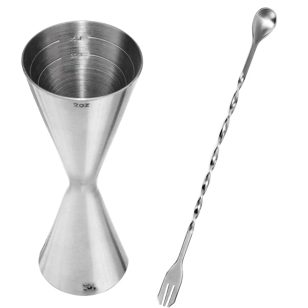 Jigger Cocktail 30 ml/60 ml Misurino Cocktail Professionale 304 Acciaio Inossidabile con Cucchiaio Miscelatore, Argento