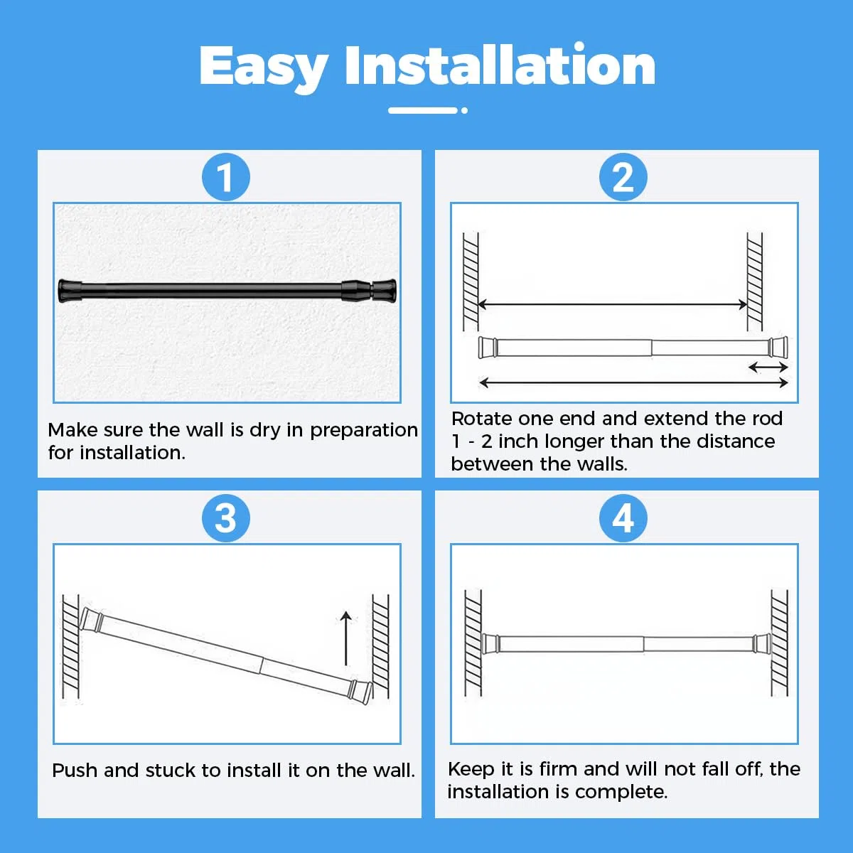4 Pezzi Bastone Tenda a Pressione,30-50cm Bastoni per Tende a Pressione,Bastone per Tenda Estensibile,Aste per Tende Senza Forare,Tende,Antiruggine,Regolabile,per Armadi,Finestre,Libreria (Nero)