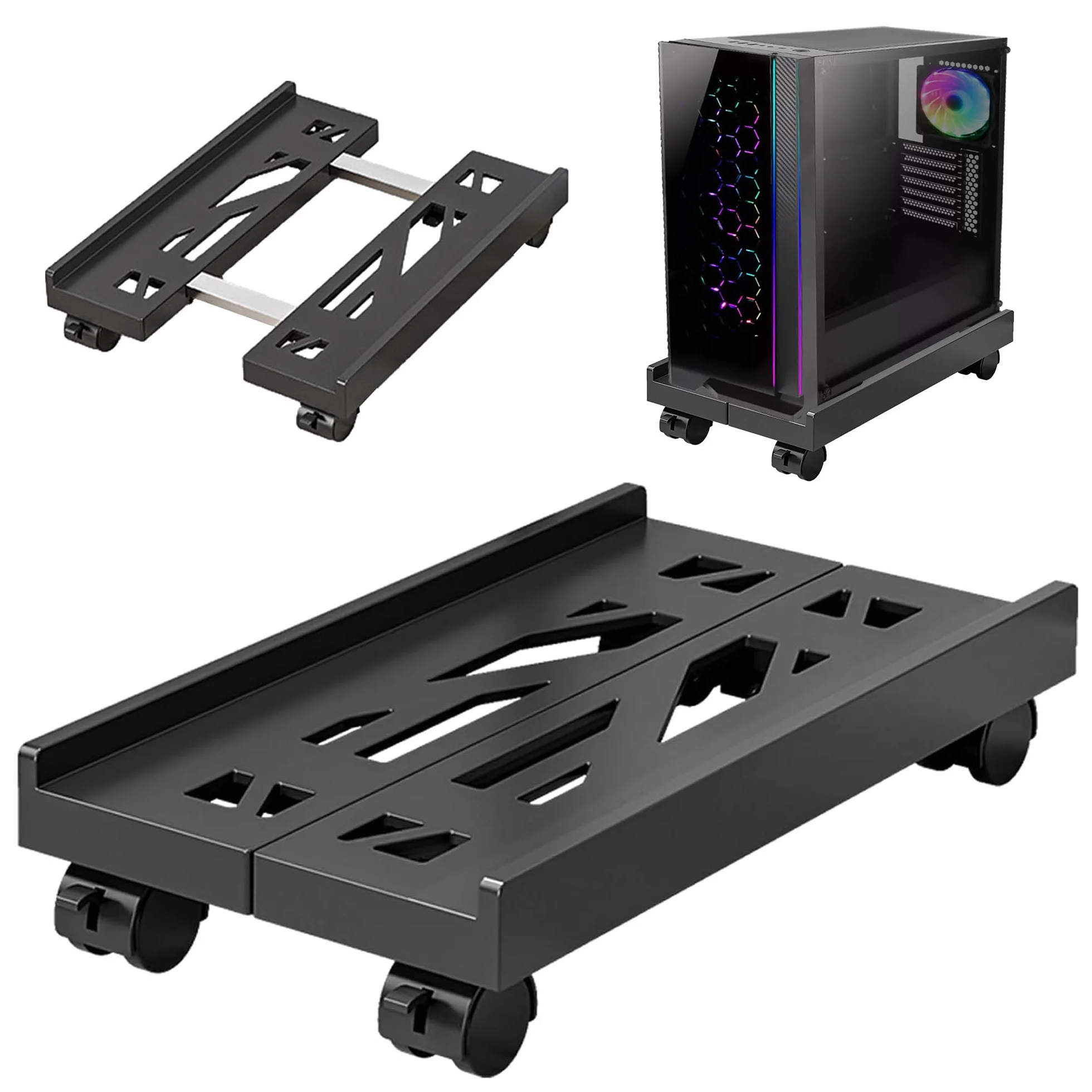 Supporto per PC con ruote: supporto universale regolabile per CPU, carrello sotto scrivania per PC tower, desktop, stampante (nero)