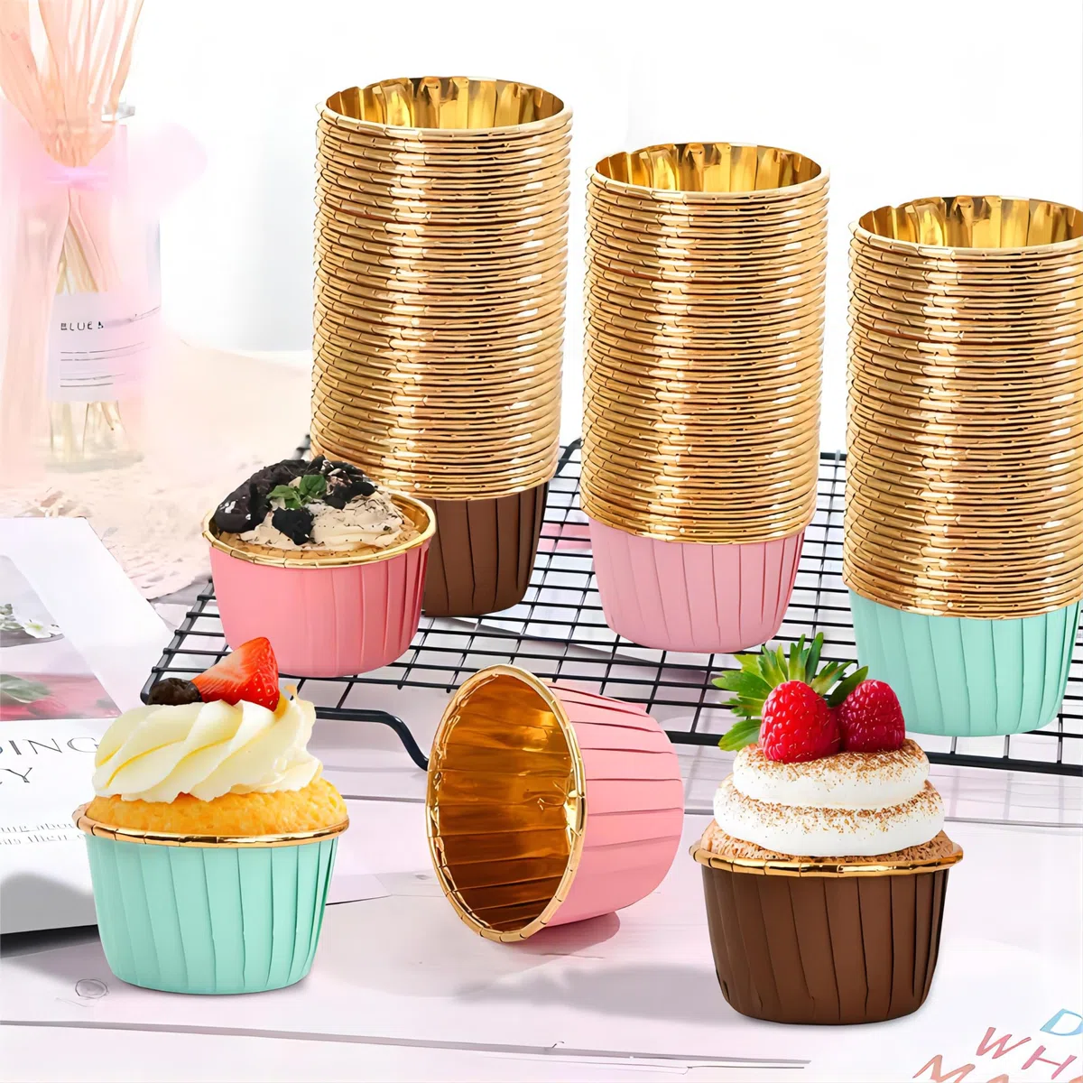 150 Pcs Pirottini da Forno USA e Getta(in 3 Colori Misti), Stampi di Carta da Forno per Muffin, Tazze di Cottura in Carta Monouso, Pirottino Cupcake con Fodere in Lamina per Compleanni/Feste/Natale