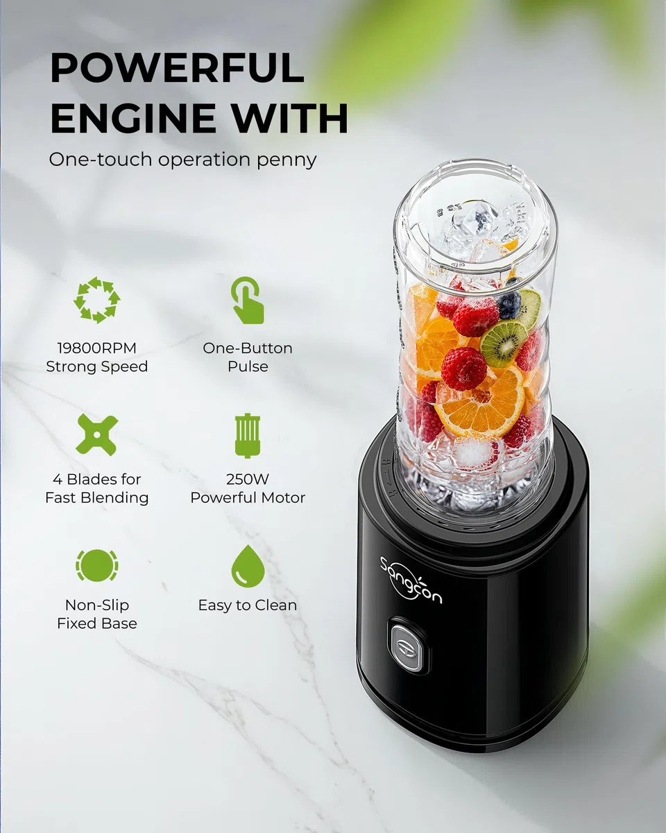 Sangcon Mixer Smoothie Maker, frullatore sportivo elettrico portatile per frullati e frullati con 2 bottiglie in Tritan To Go da 600 ml senza BPA 2 tappi per bere coltello a 4 lame, pulsante a impulsi