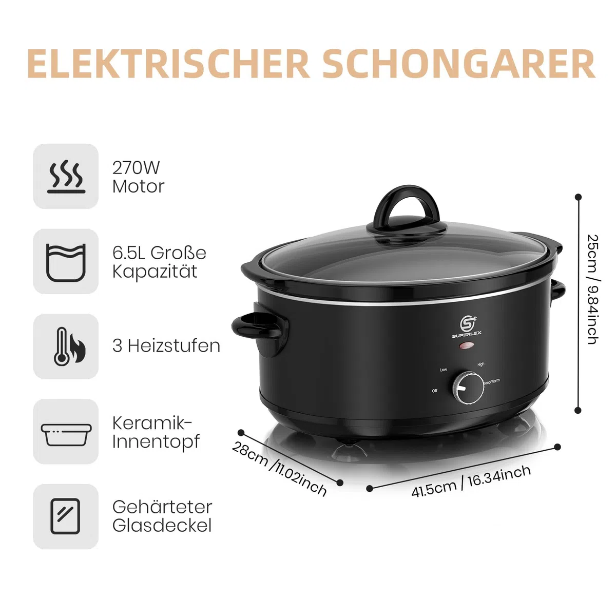 Slow Cooker - Pentola elettrica da 6,5 l, con pentola in ceramica e coperchio in vetro, funzione di mantenimento al caldo, 200 W, per feste di famiglia, zuppe, stufati, piatti di carne