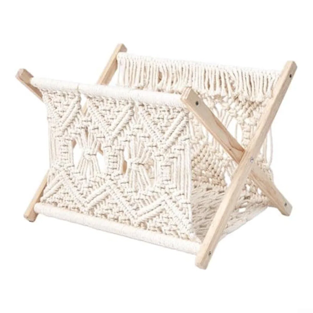 Portariviste intrecciato a mano, pieghevole, in legno e corda di cotone, porta giornali per soggiorno, camera da letto, ufficio, cestino portaoggetti bianco per libri, tablet, asciugamani