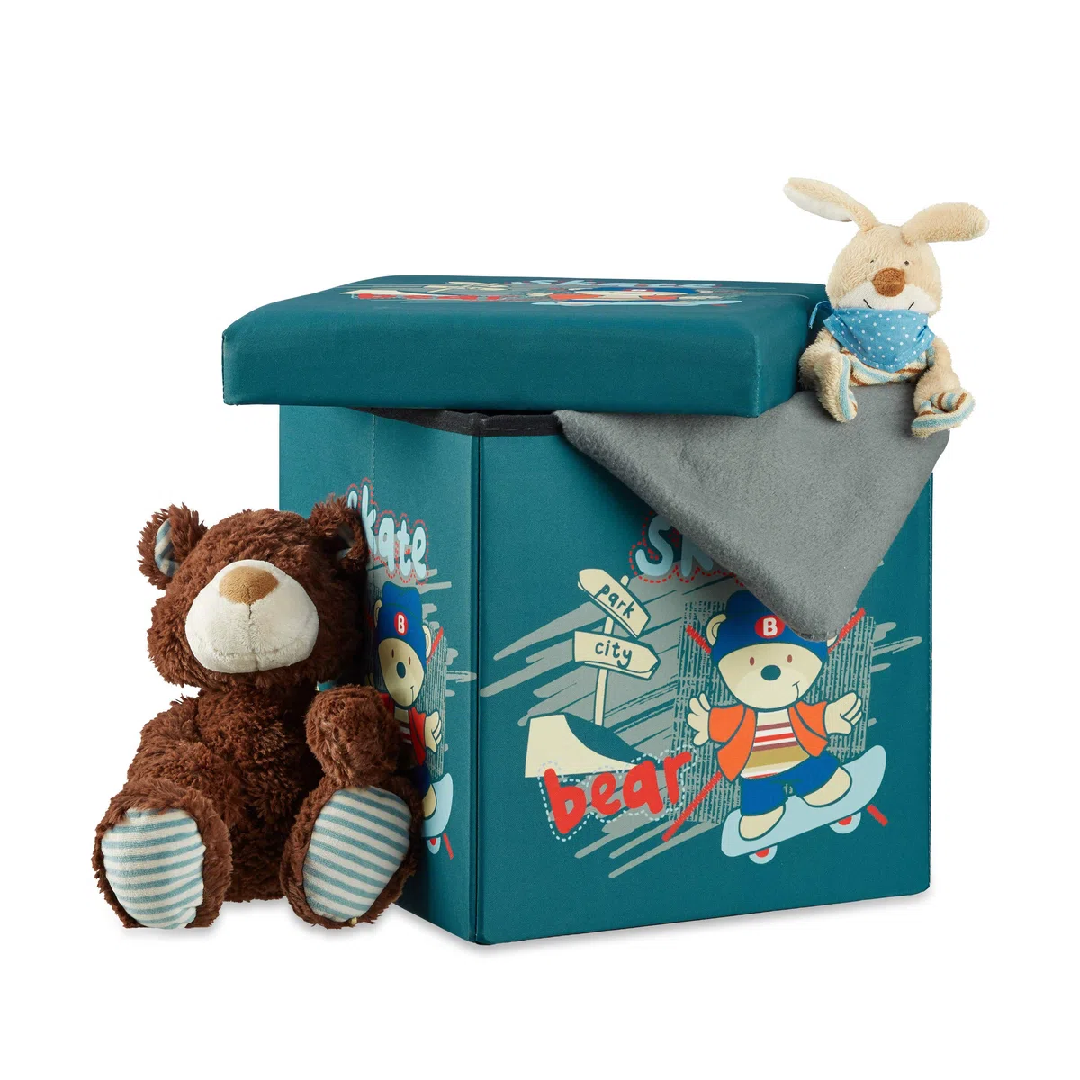 Relaxdays Sgabello pieghevole bambini, cesta porta-giochi, pouf contenitore, scatola con coperchio, HxLxP 38x38x38 cm, orso