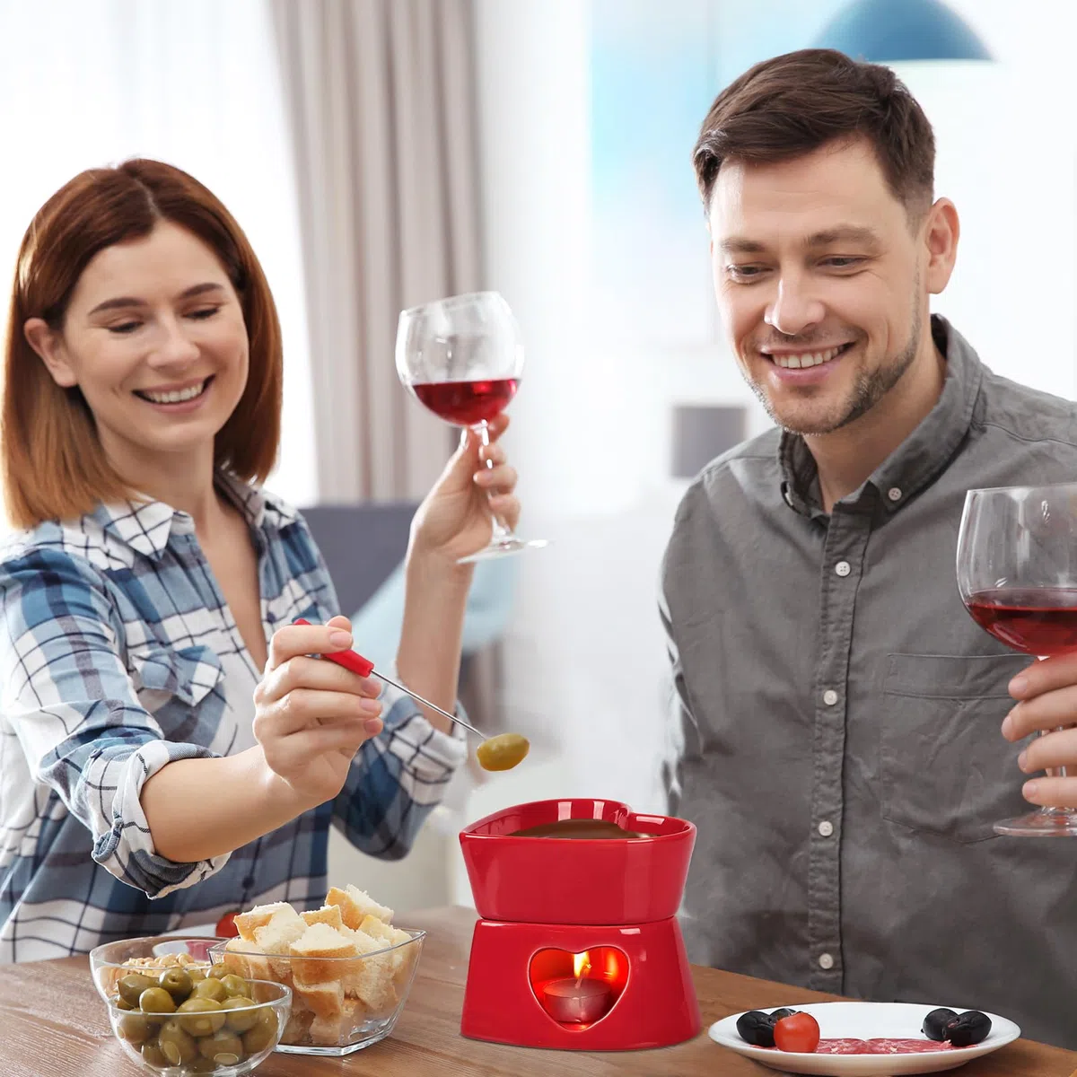 Fonduta al Cioccolato Forma di Cuore Rosso Fonduta Formaggio in Ceramica Rosso da 320 ml con 4 Forchette Rosse Acciaio Inossidabile - per San Valentino