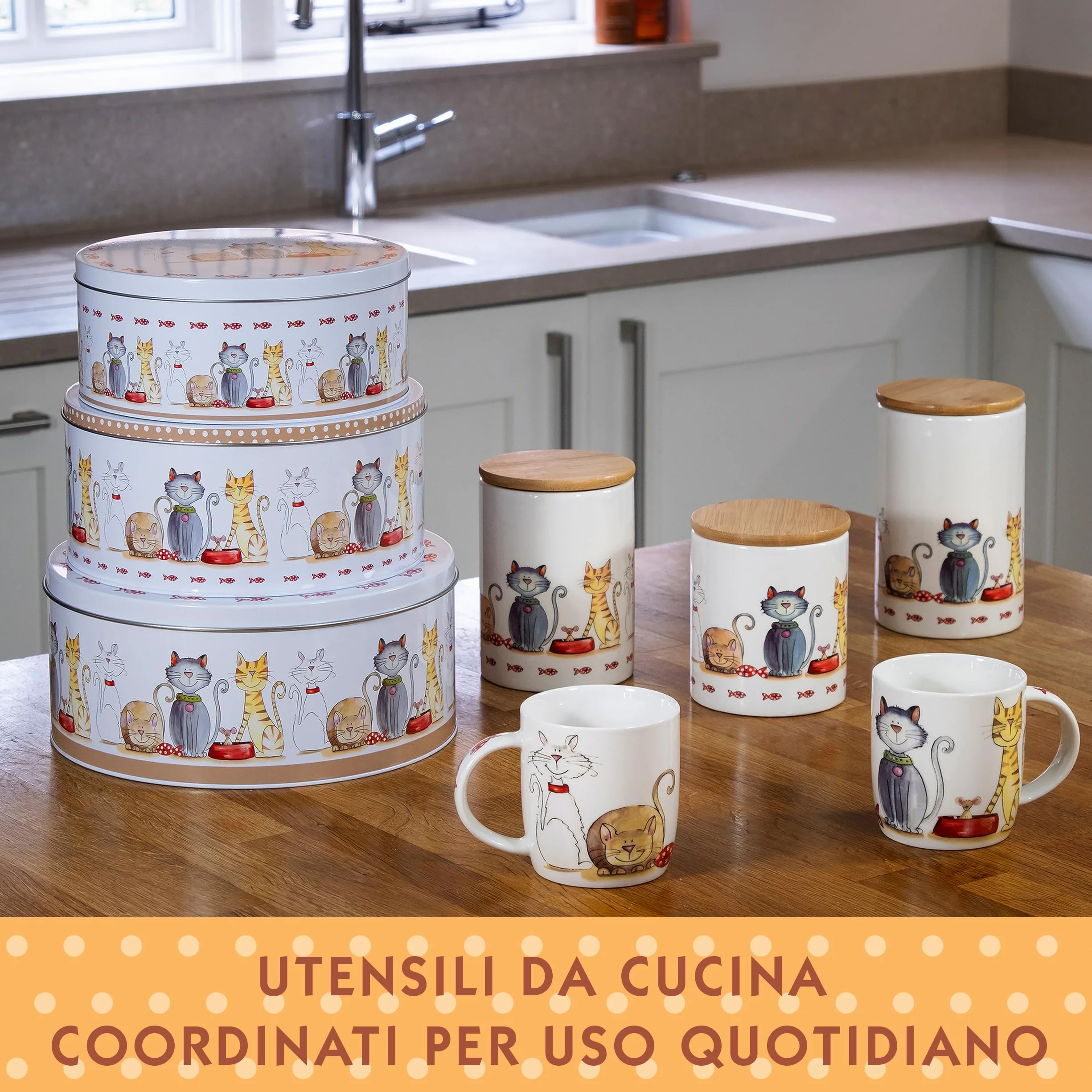 SPOTTED DOG GIFT COMPANY Set di 3 Scatole di Latta, Contenitori Impilabili per Biscotti in Metallo, Barattoli di Latta Rotondi Ermetici per Conservare Torte e Alimenti, Piccoli Medi Grandi - Gatti