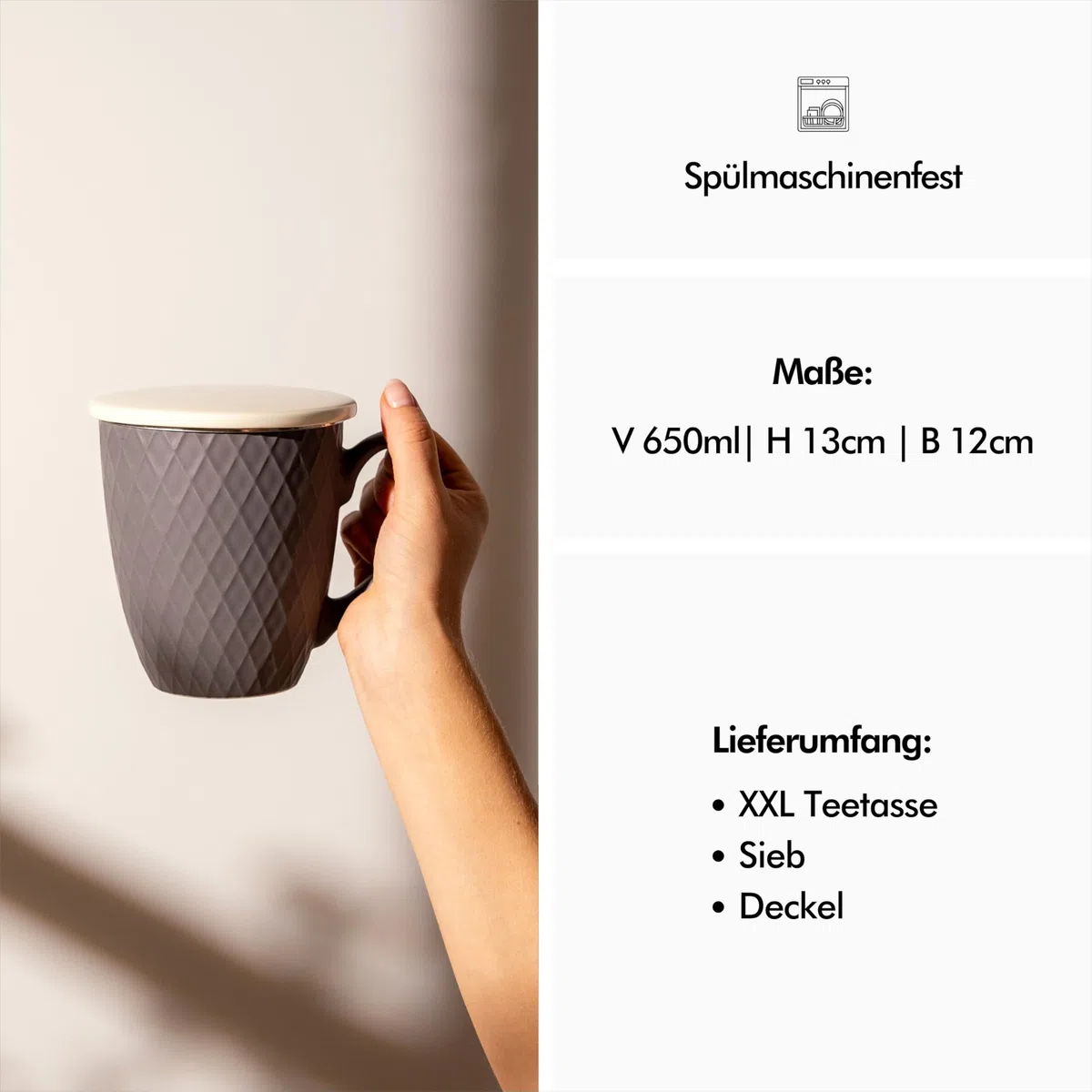 KIVY Tazza da Tè Grande XXL [650 ml] Con Coperchio e Colino - Tazza Jumbo