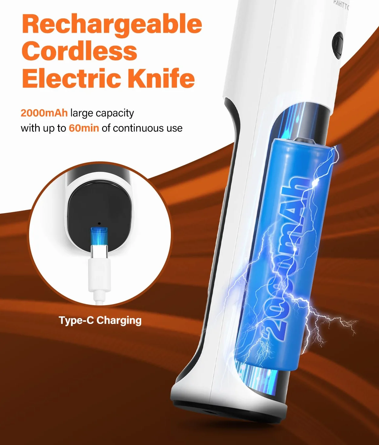 PAHTTO Coltello elettrico per affettare carne pane verdura frutta, coltello da cucina affettapane a batteria con doppie lame in acciaio inox incluso scatola, forchetta e tagliere pieghevole