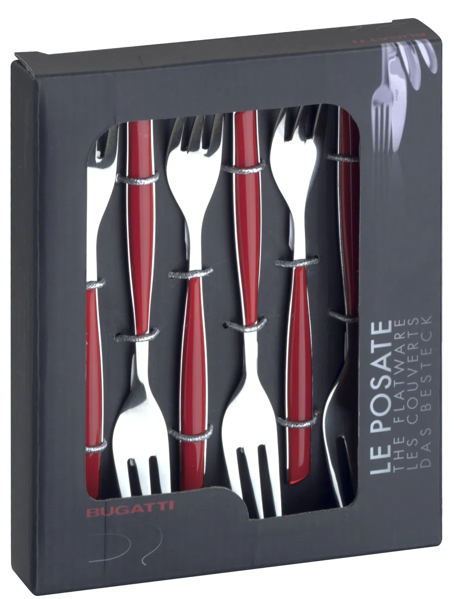 BUGATTI, Glamour, Set 6 Forchettine da Dolce in Acciaio Inox 18/10, Confezionato in Scatola Regalo (Rosso)