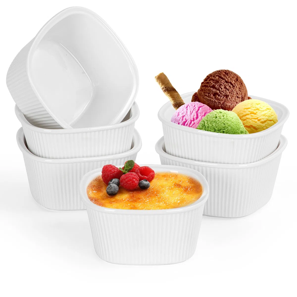 FoiiLiio 6x stampi per soufflé,210 ml Pirottini in Ceramica,Mini Ciotole in Porcellana per Creme Brulè,ciotole in ceramica per creme brulee,Resistenti al Forno,Bianco,Quadrato