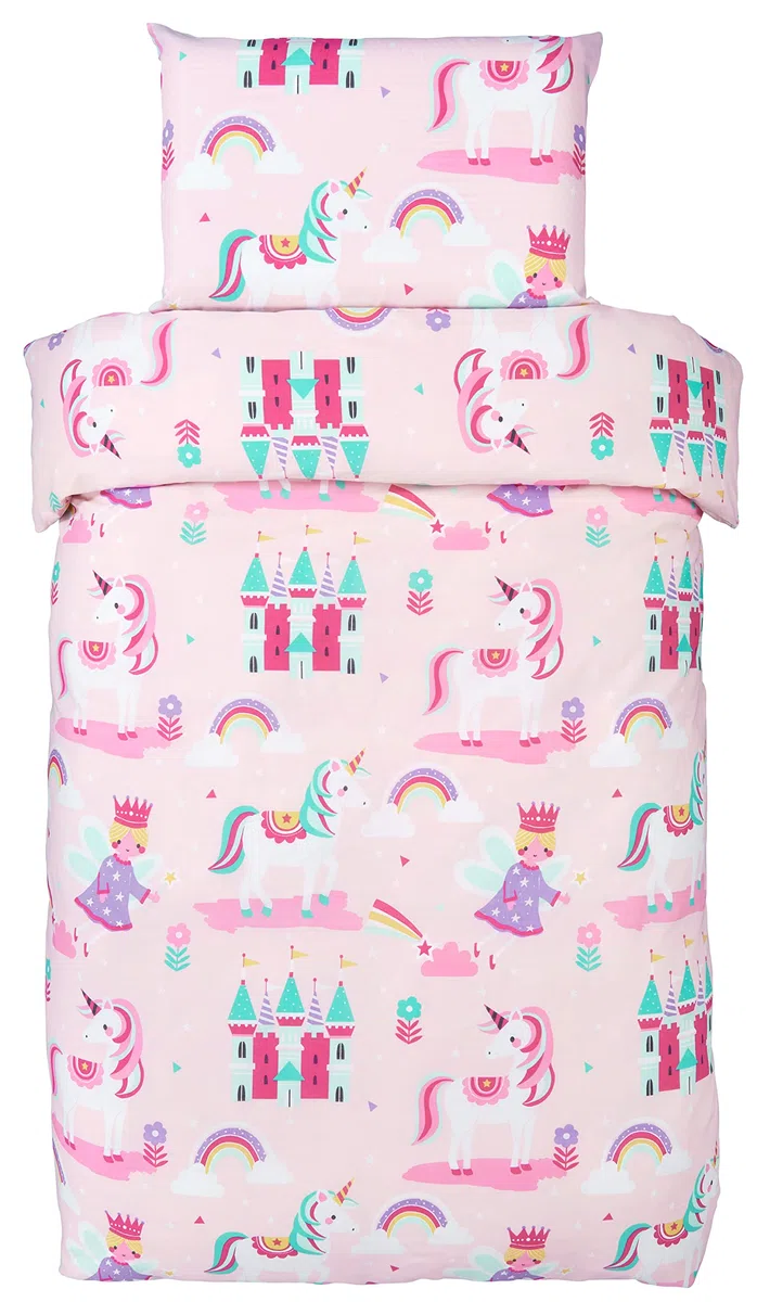 Bloomsbury Mill - Set biancheria da letto per bambini - Unicorno, Principessa e Arcobaleni - Set Copripiumino Lettino e federa per Ragazee - Lenzuola Culla per junior e bambino - Rosa -120 x 150 cm