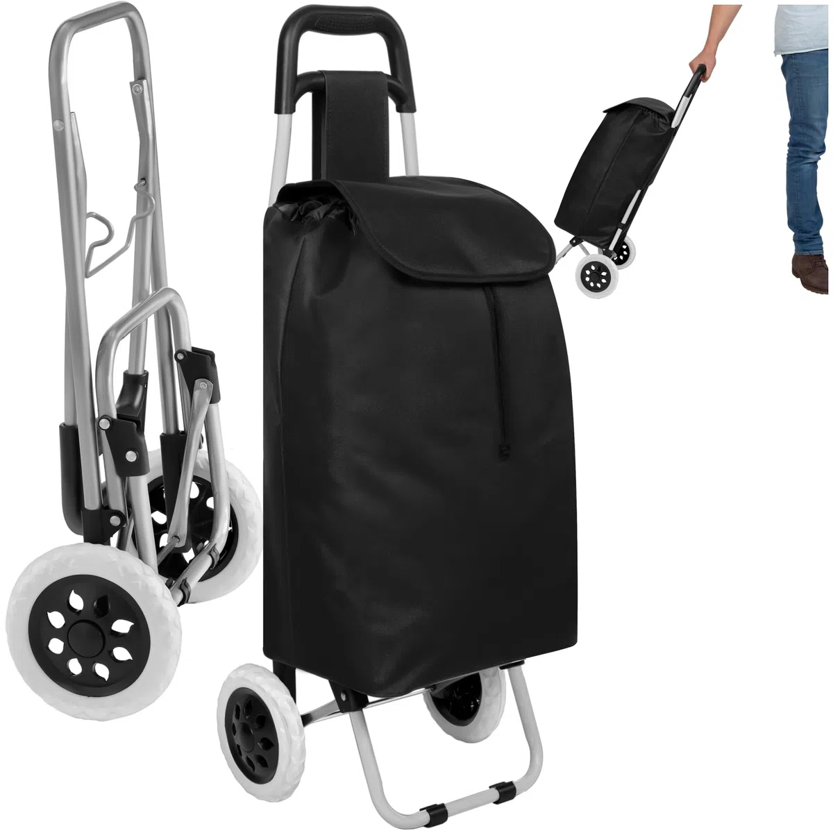 tectake® Trolley per la Spesa, 2 Ruote, Pieghevole, con Sacca Asportabile, Grandi Ruote, Chiusura con Cerniera, Tasca Piccola, Disponibile in Diversi Colori - Nero