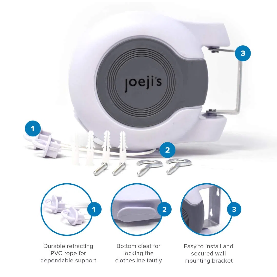 Joeji's Kitchen Stendibiancheria retrattile, 2 x 15 metri, resistente, per esterni, corda da biancheria, con viti, ganci e istruzioni, stendibiancheria per esterni