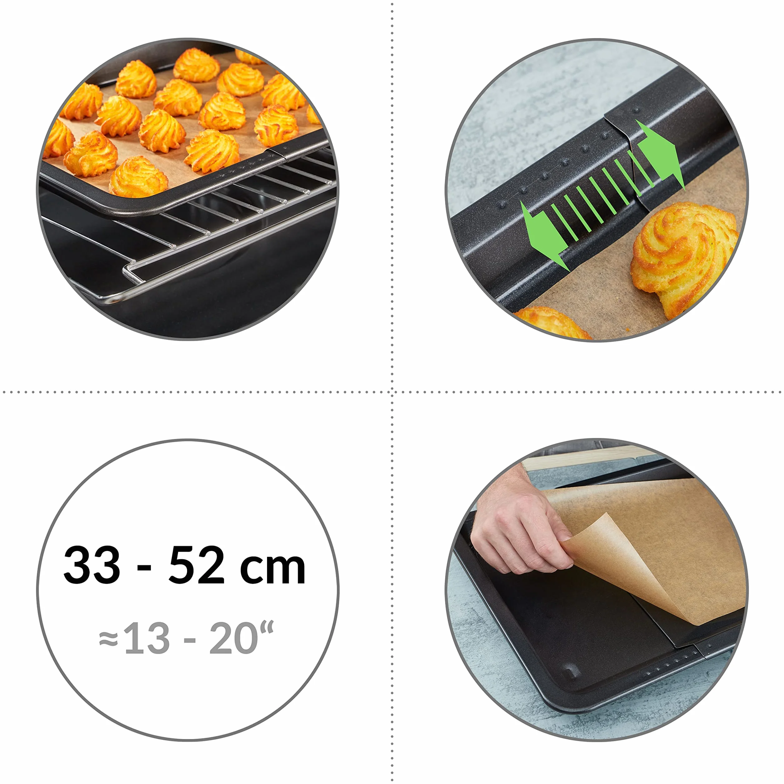 Grizzly Teglia da Forno Regolabile Estensibile Antiaderente 33-52 cm in Acciaio al Carbonio con Rivestimento GREBLON B2+ per Forno